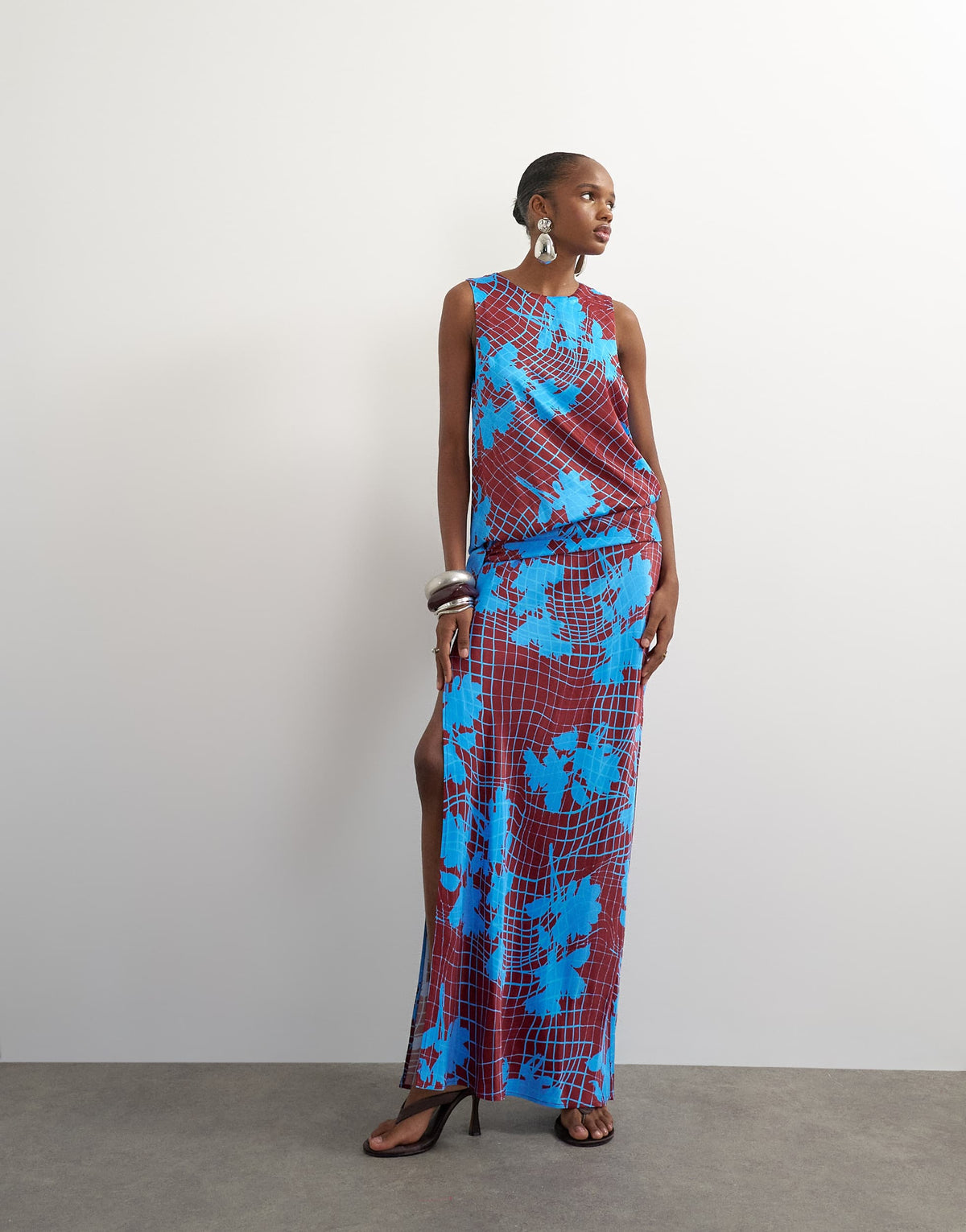 Topshop viscose satin racer neck blouson dropped asymmetric waist maxi dress in brown wavy floral print