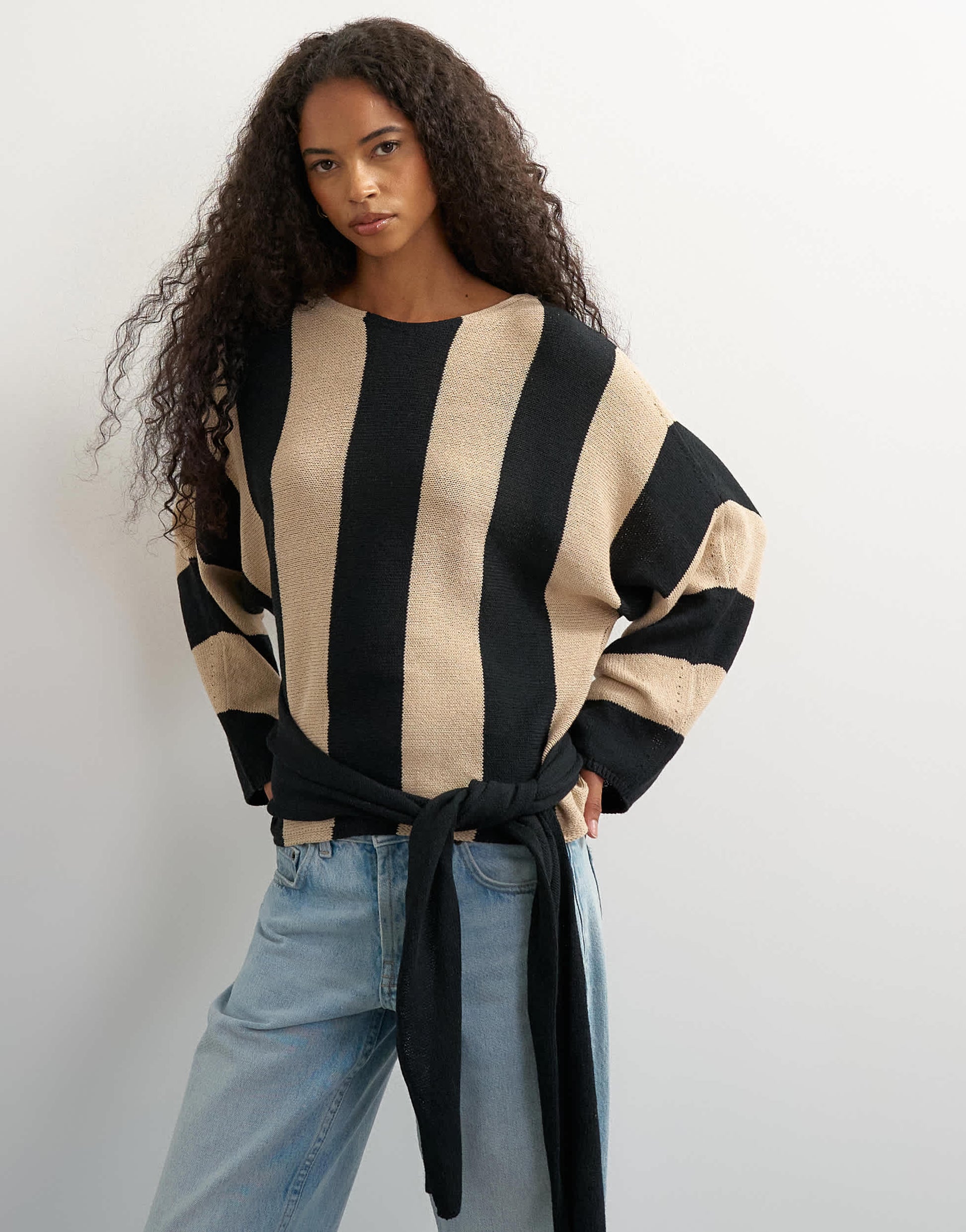 Topshop knited long sleeve tie front jumper in mono stripe