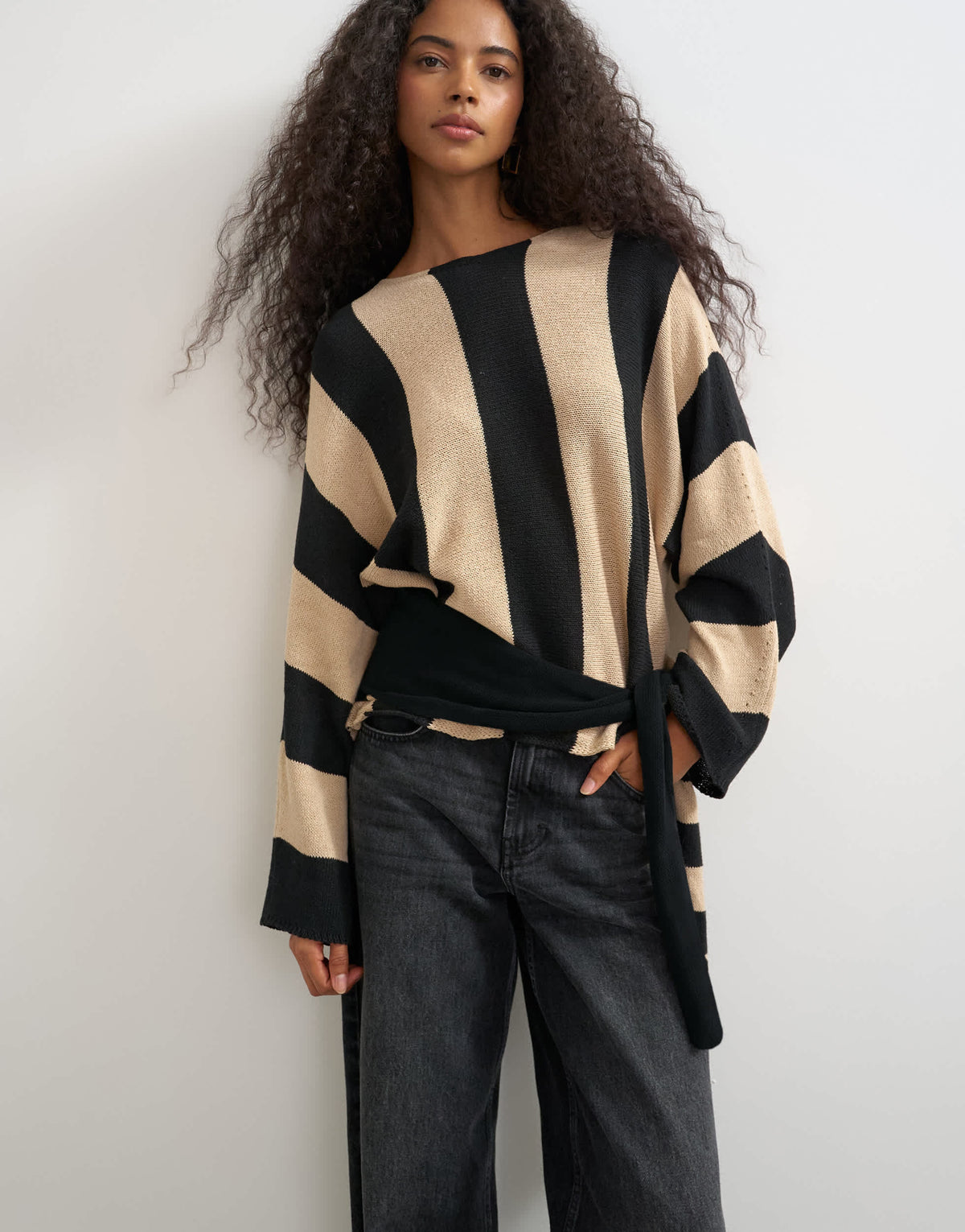 Topshop knited long sleeve tie front jumper in mono stripe