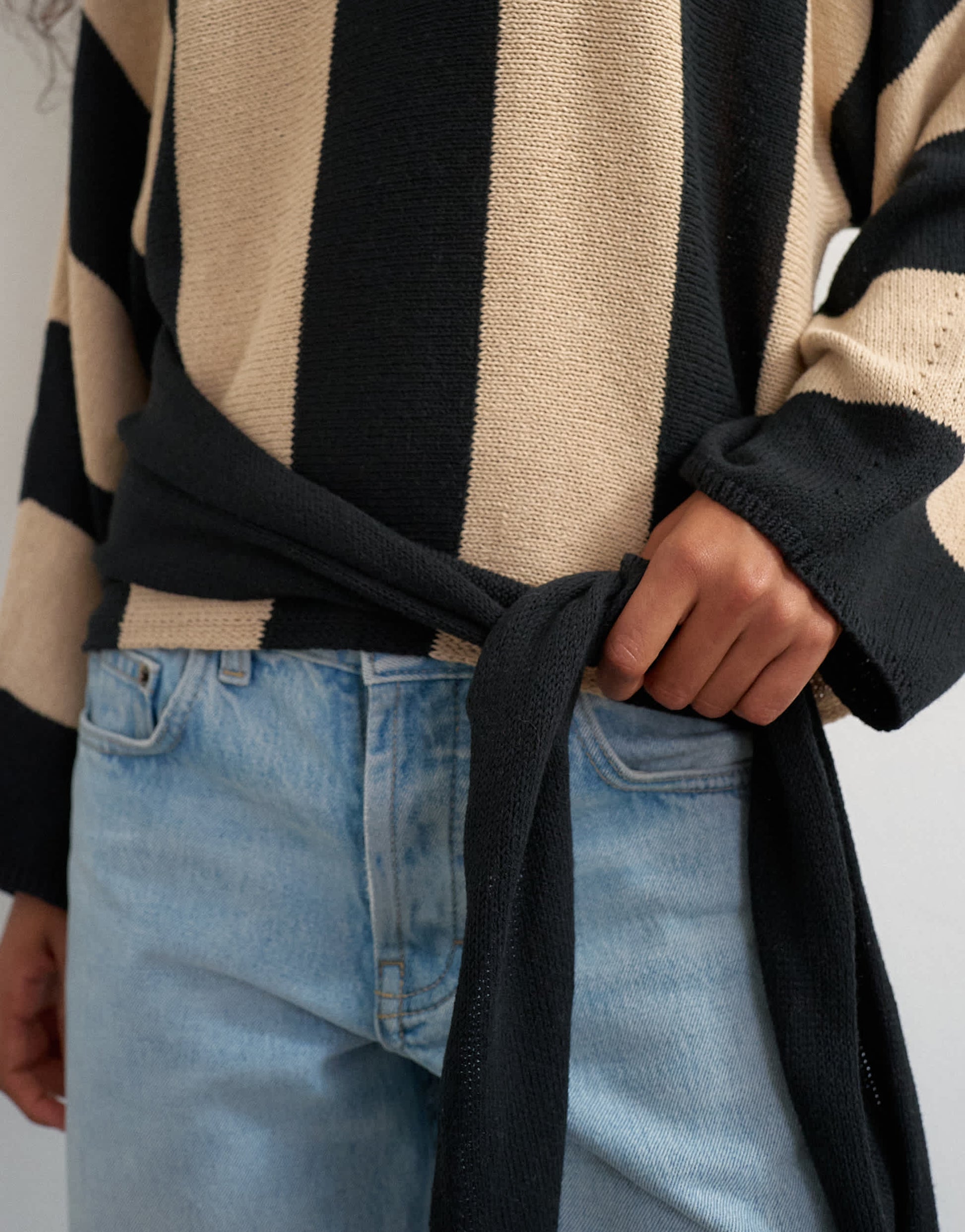 Topshop knited long sleeve tie front jumper in mono stripe