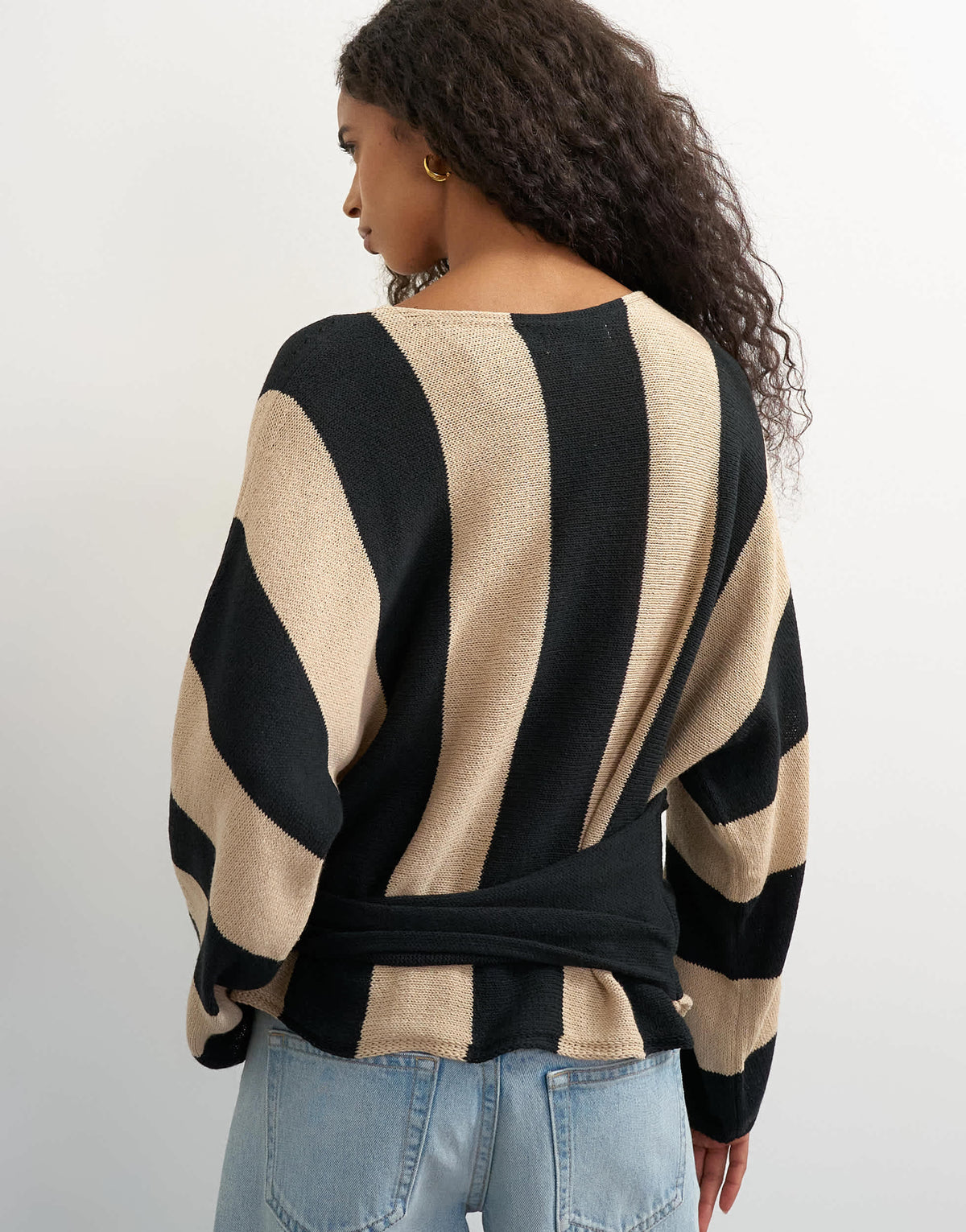 Topshop knited long sleeve tie front jumper in mono stripe