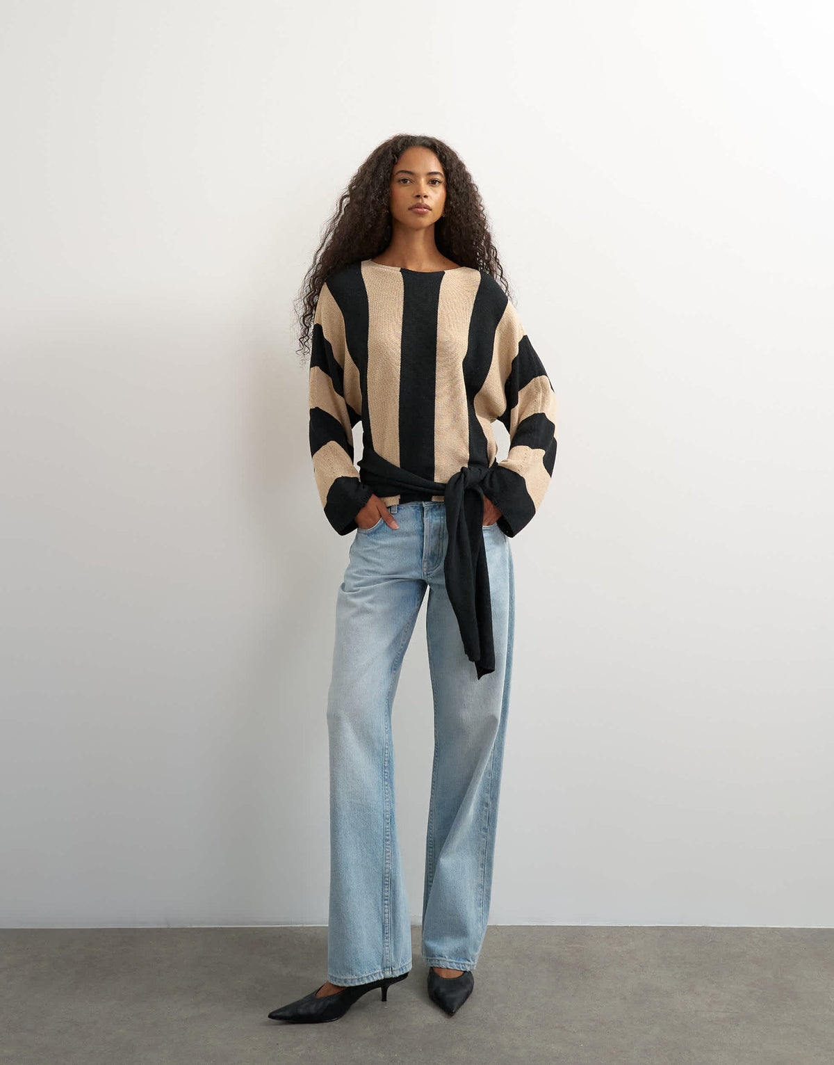 Topshop knited long sleeve tie front jumper in mono stripe