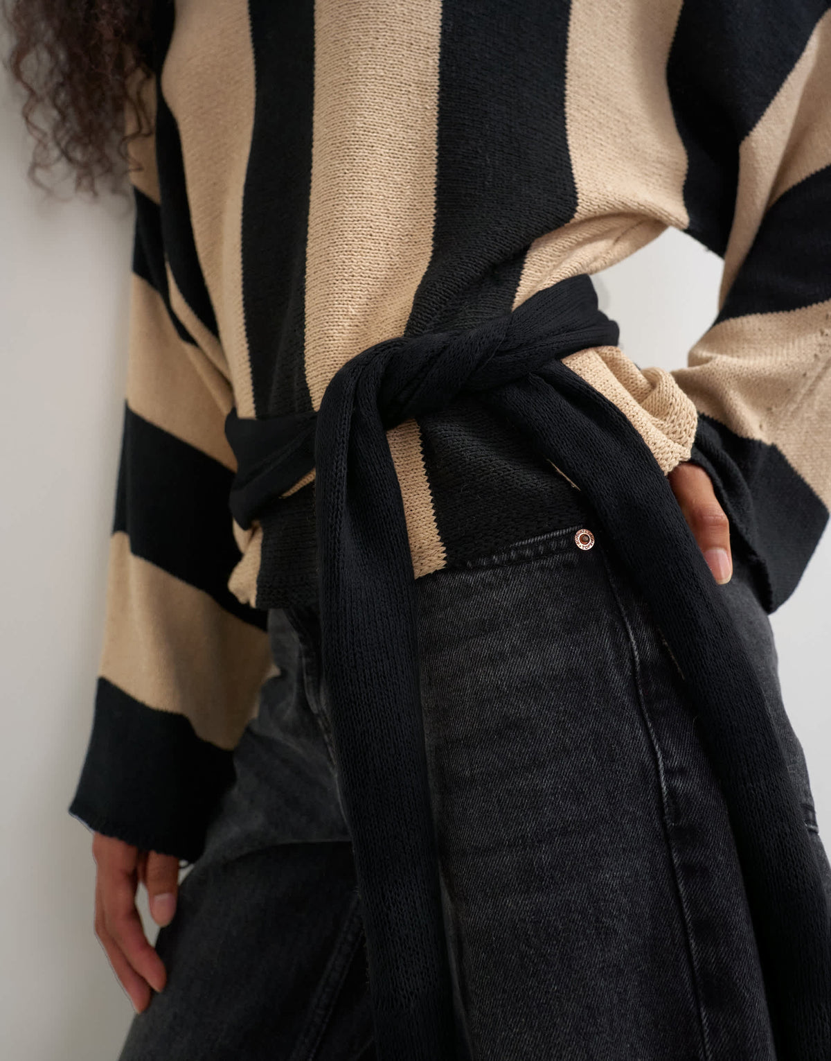 Topshop knited long sleeve tie front jumper in mono stripe