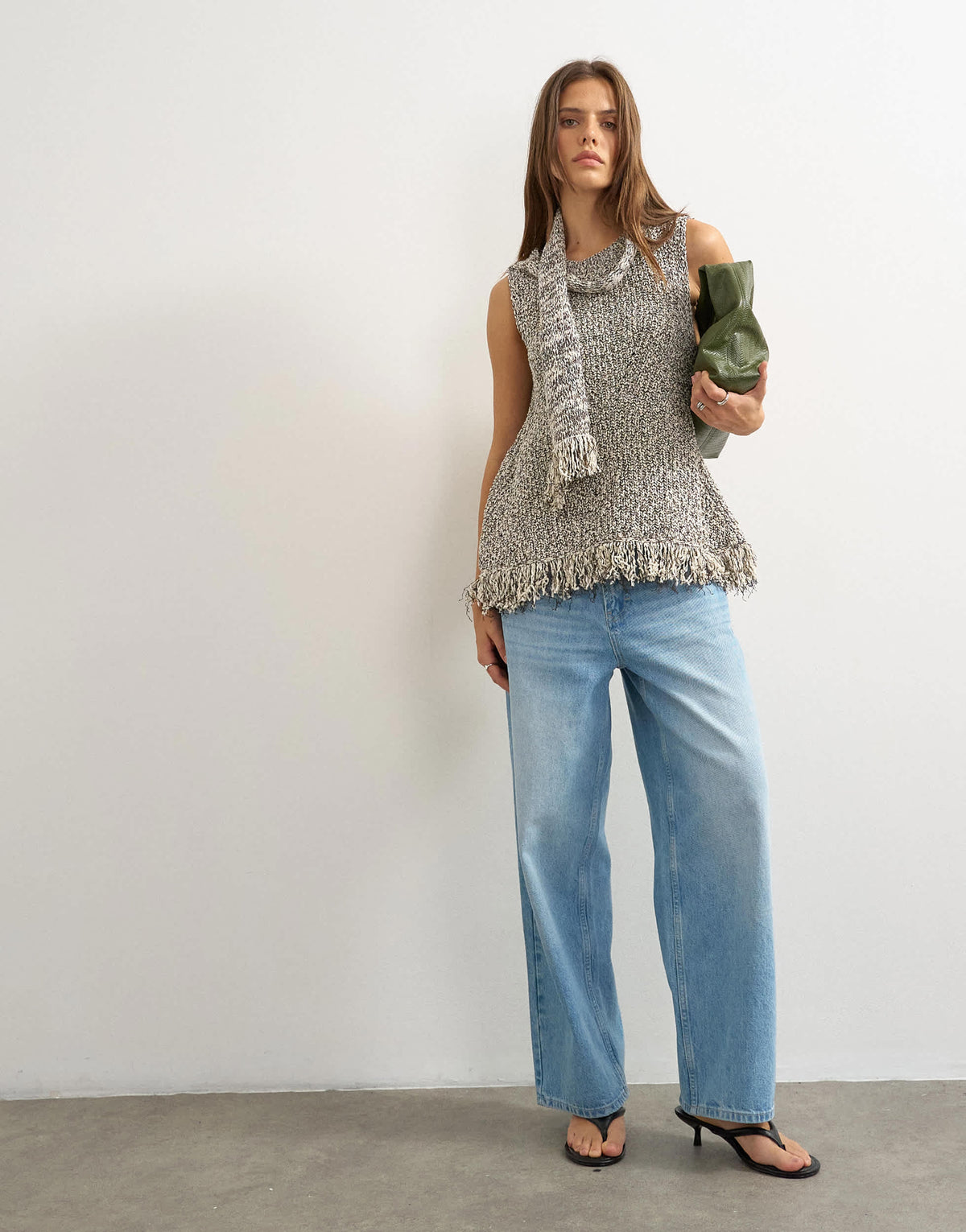 Topshop knitted sleeveless fringing peplum scarf top in brown