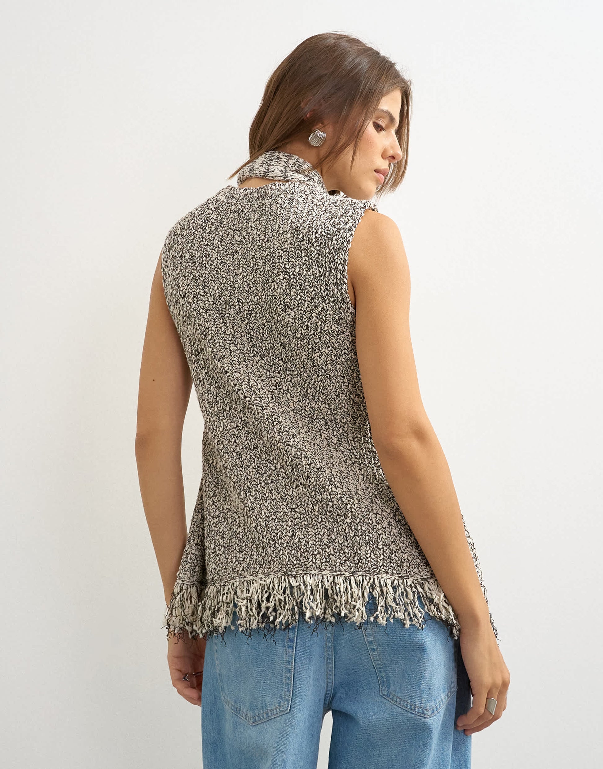 Topshop knitted sleeveless fringing peplum scarf top in brown