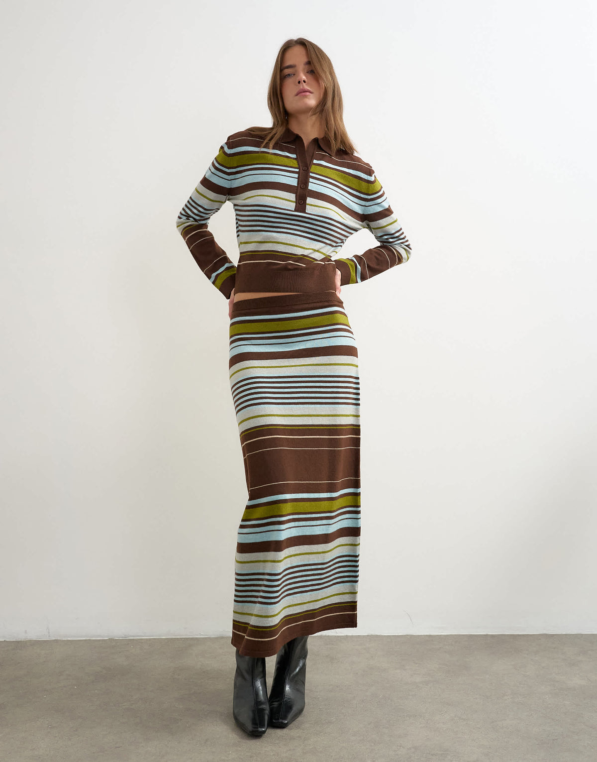 Topshop knitted co-ord striped full hem maxi skirt in burgundy multi