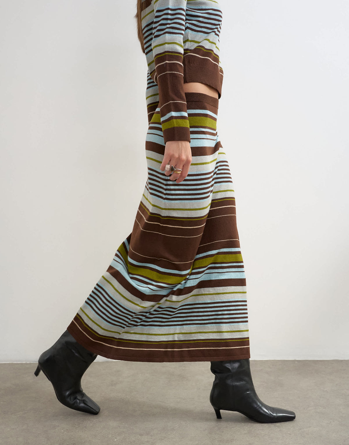 Topshop knitted co-ord striped full hem maxi skirt in burgundy multi