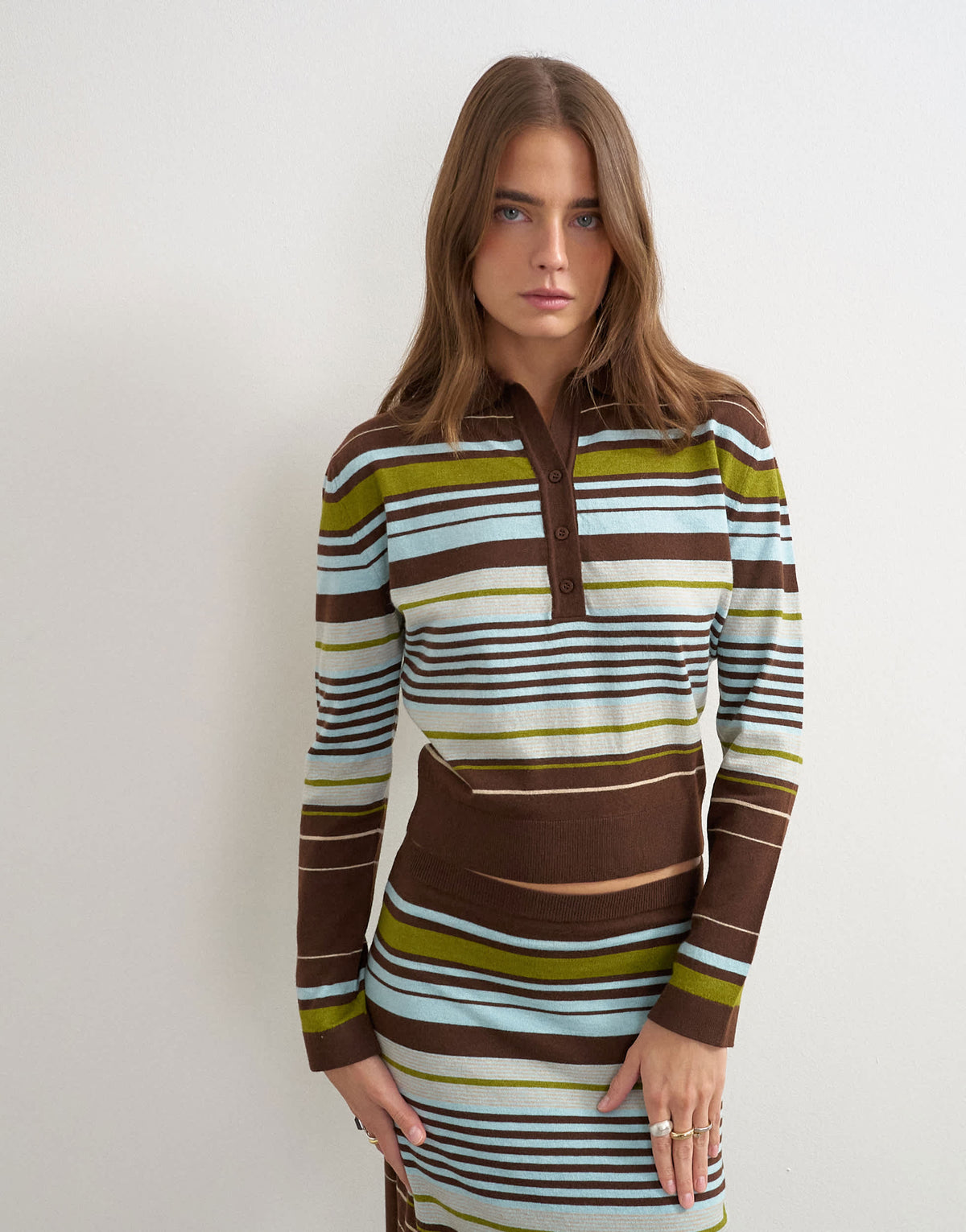 Topshop knitted co-ord long sleeve stripe polo top in burgundy multi