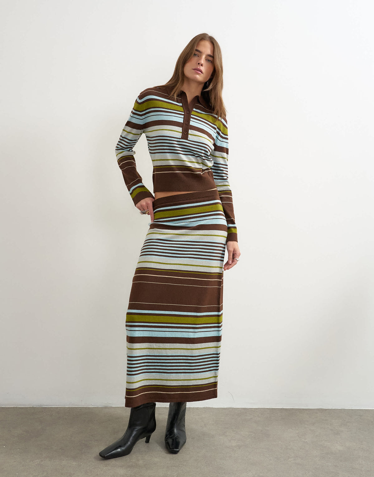 Topshop knitted co-ord long sleeve stripe polo top in burgundy multi