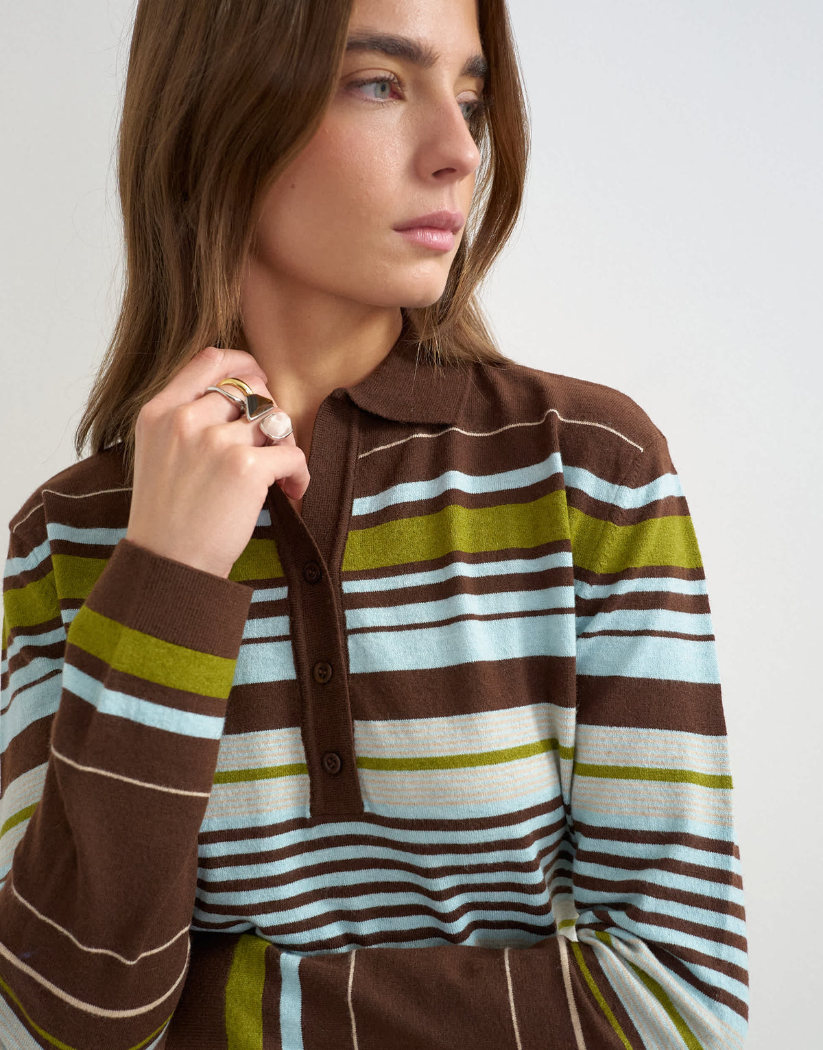Topshop knitted co-ord long sleeve stripe polo top in burgundy multi