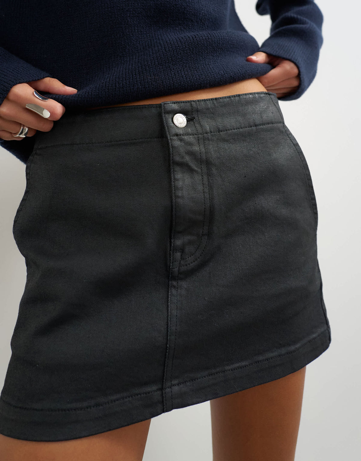 Topshop denim low rise tailored coated pelmet mini skirt in black