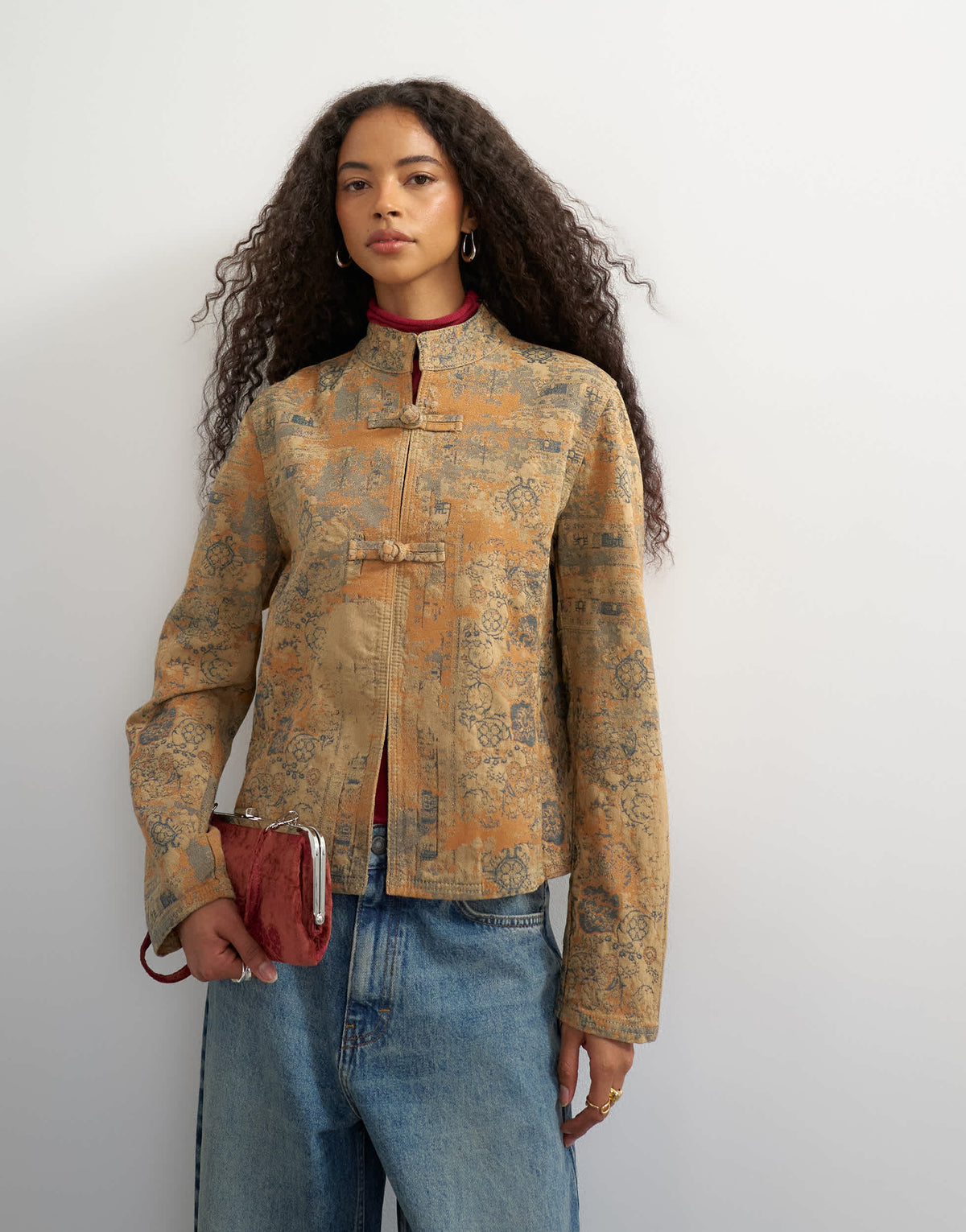 Topshop denim printed jacquard jacket in multi