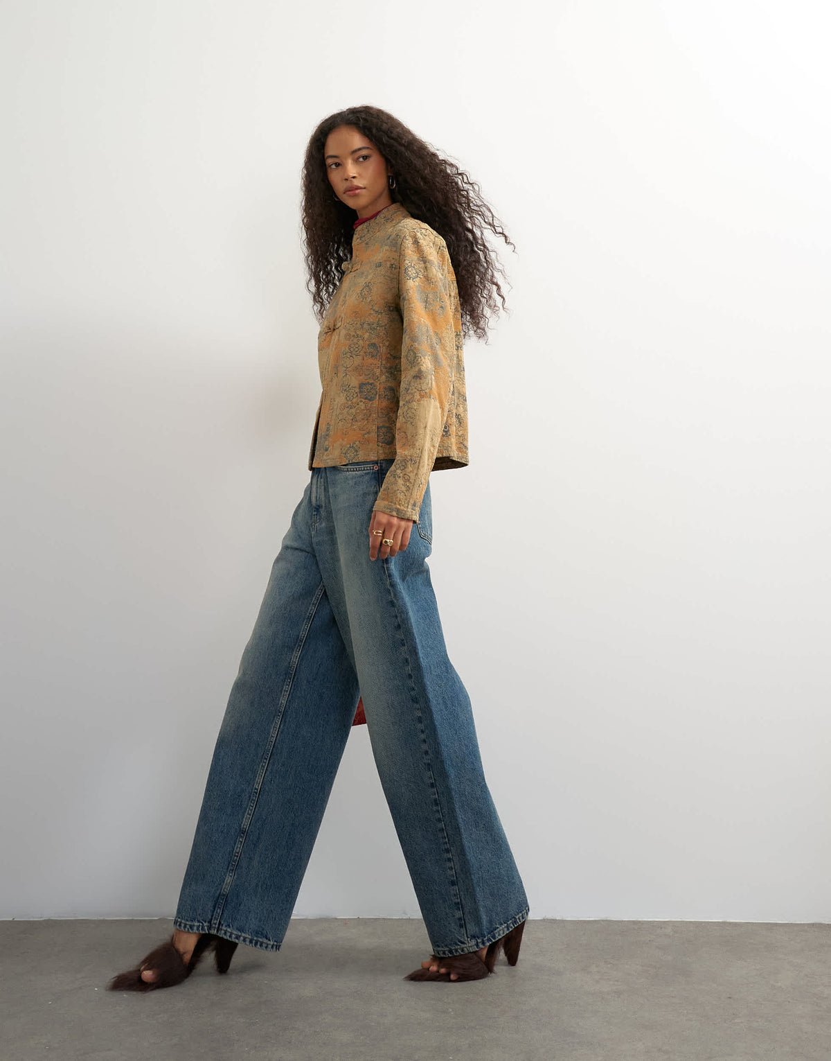 Topshop denim printed jacquard jacket in multi