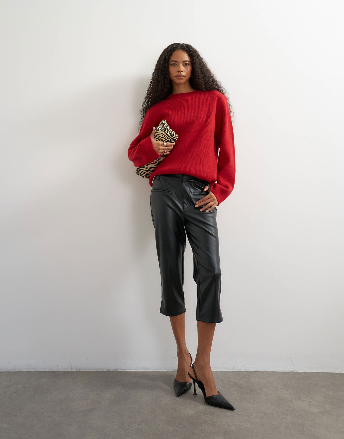 Topshop faux leather capri trouser with side splits in black