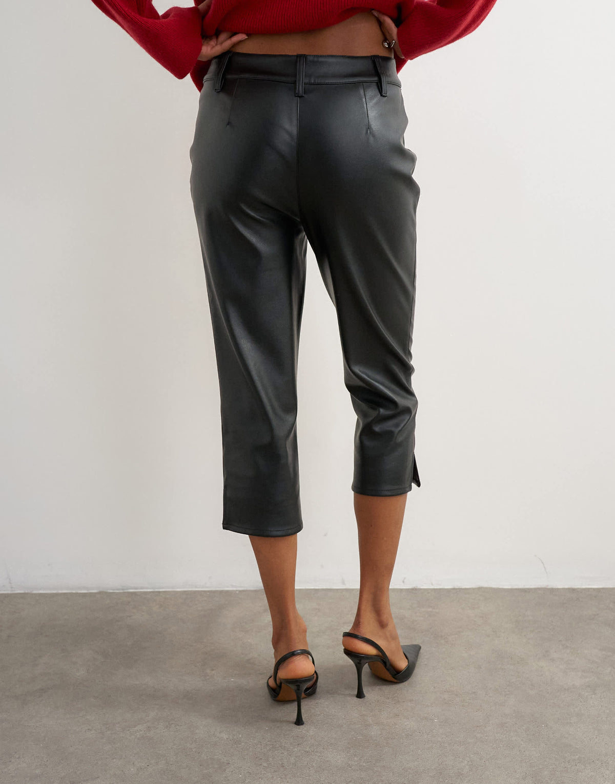 Topshop faux leather capri trouser with side splits in black