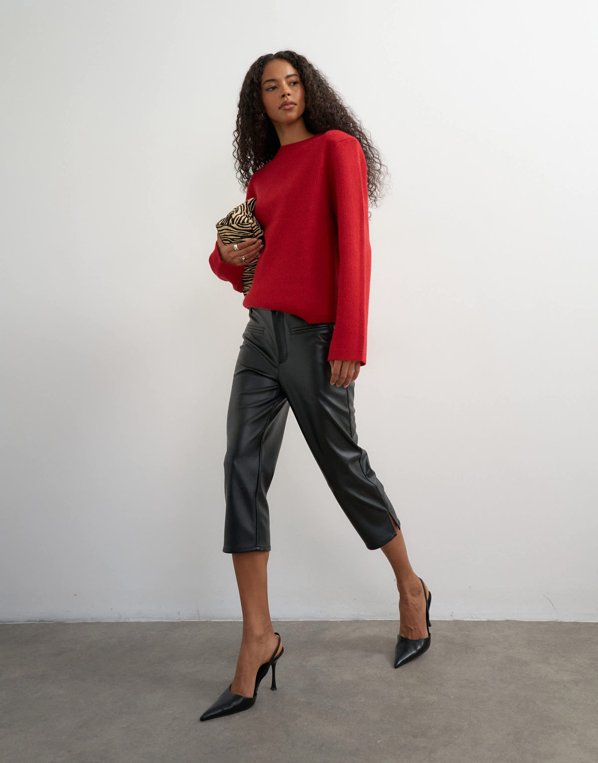 Topshop faux leather capri trouser with side splits in black