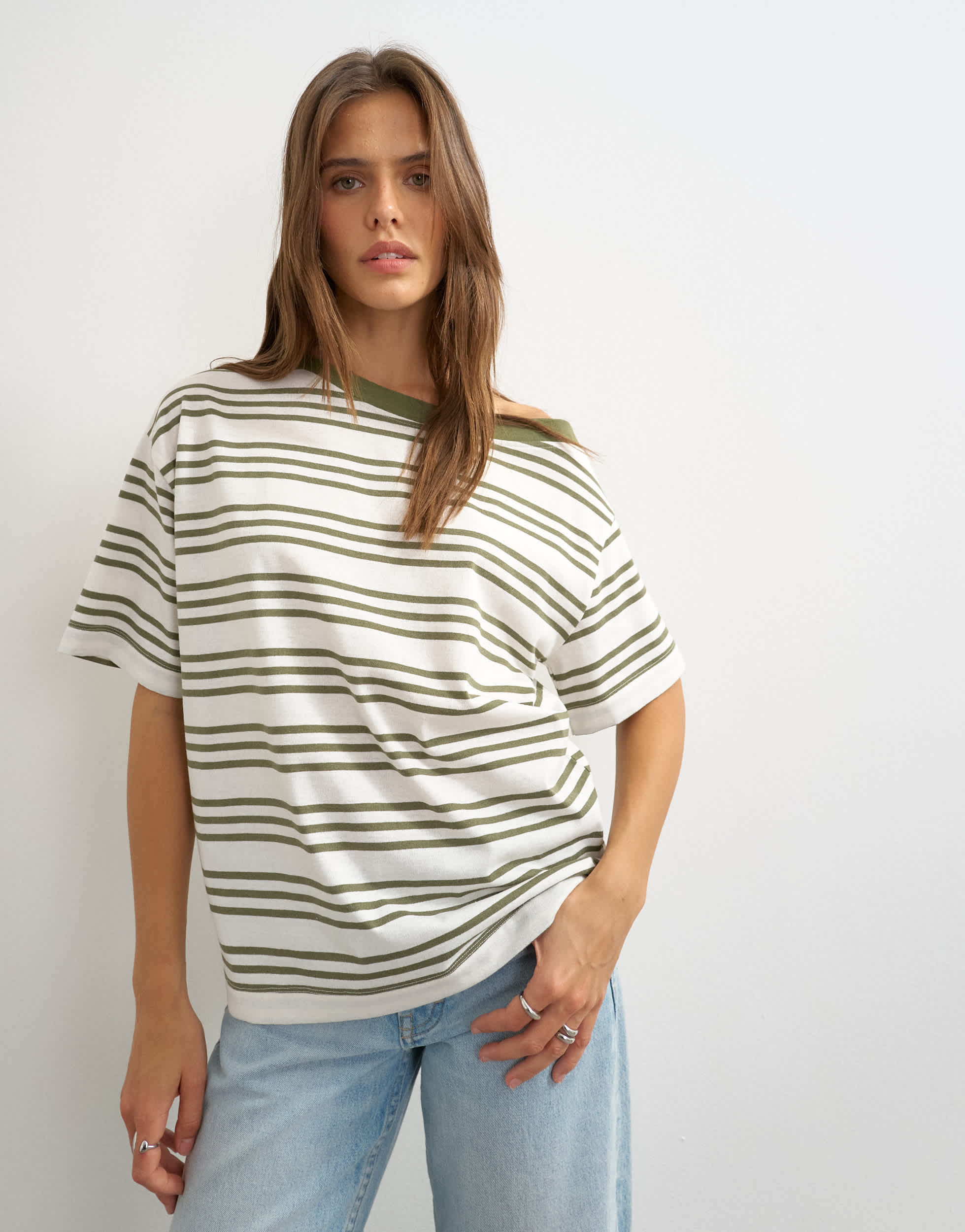 Topshop striped fallen shoulder t-shirt in white and green