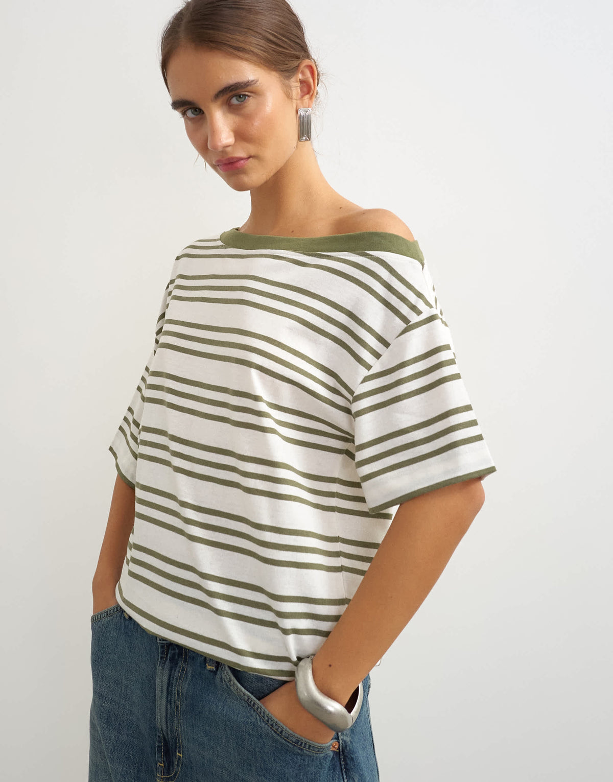 Topshop striped fallen shoulder t-shirt in white and green