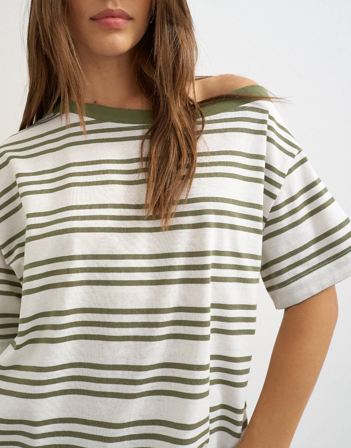Topshop striped fallen shoulder t-shirt in white and green