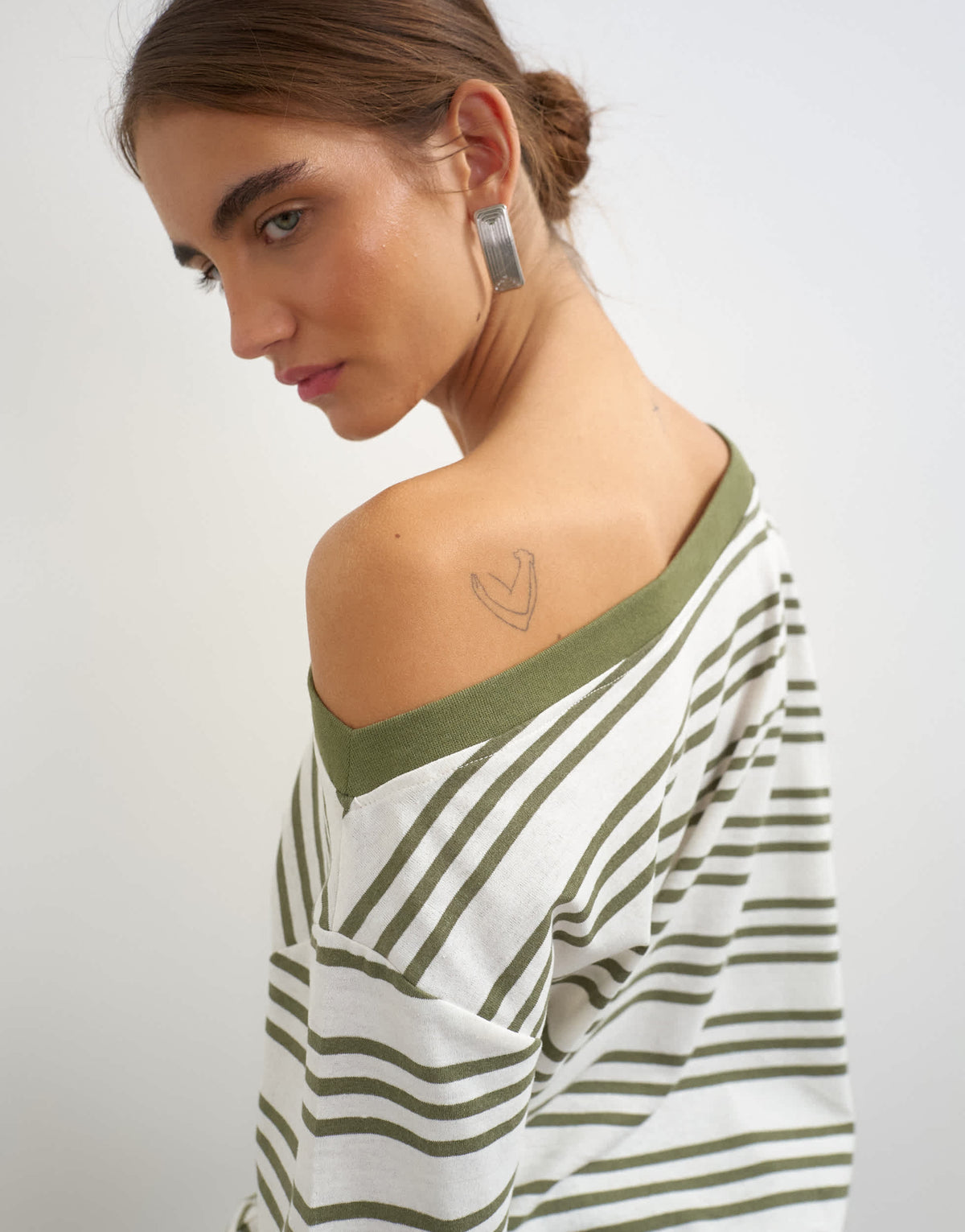 Topshop striped fallen shoulder t-shirt in white and green