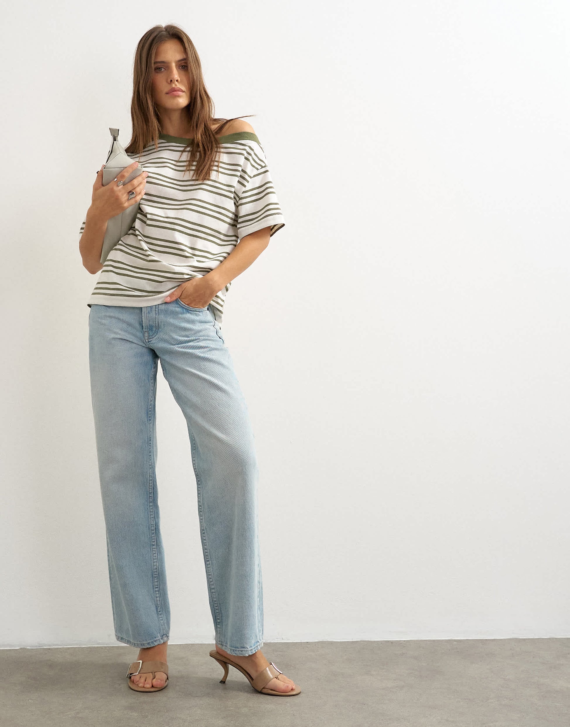 Topshop striped fallen shoulder t-shirt in white and green