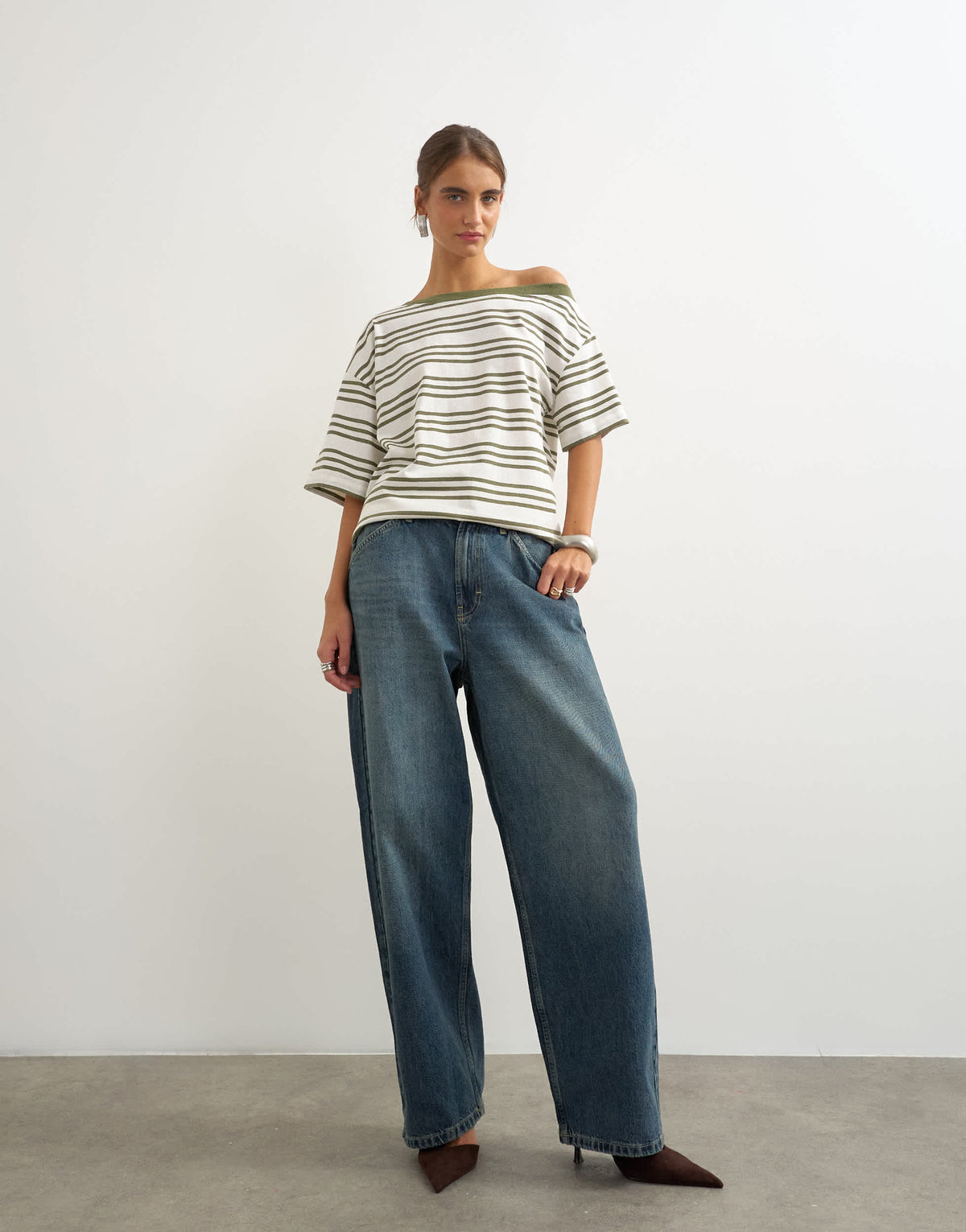 Topshop striped fallen shoulder t-shirt in white and green