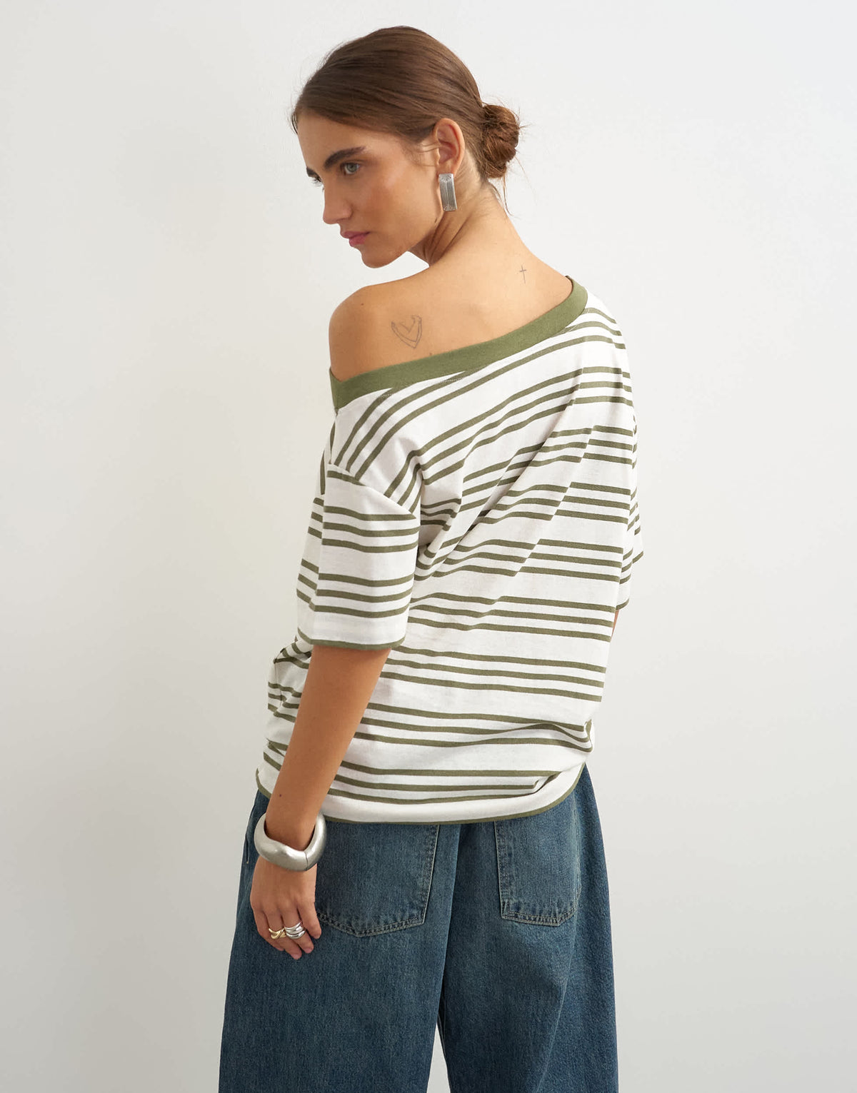 Topshop striped fallen shoulder t-shirt in white and green