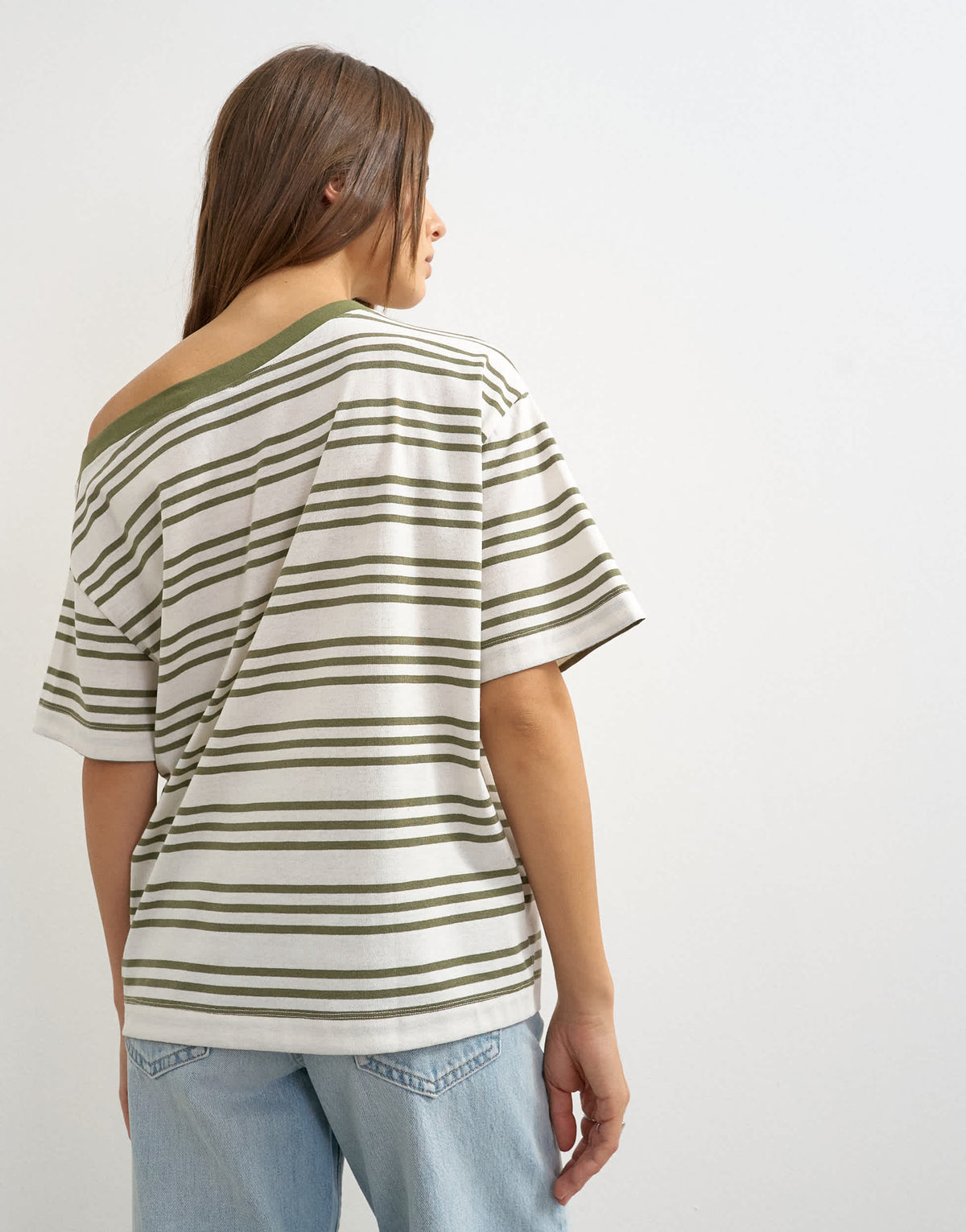 Topshop striped fallen shoulder t-shirt in white and green