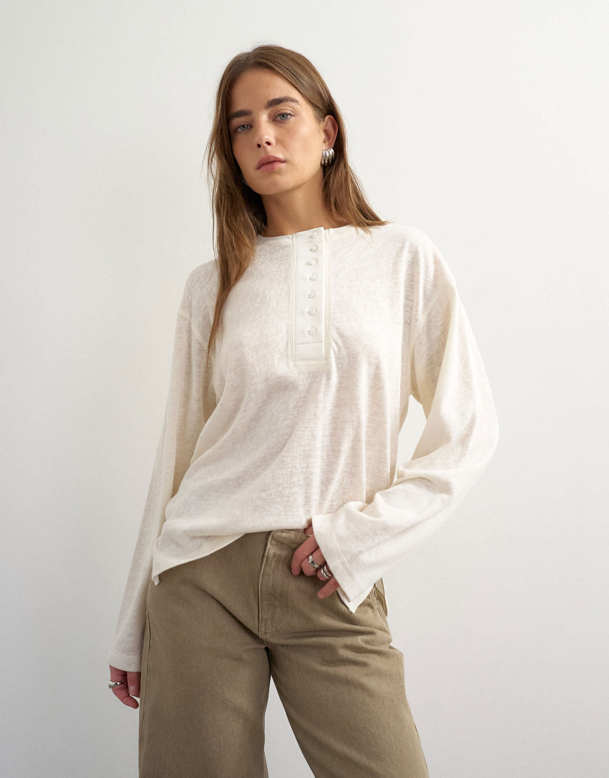 Topshop large placket long sleeve henley in ecru