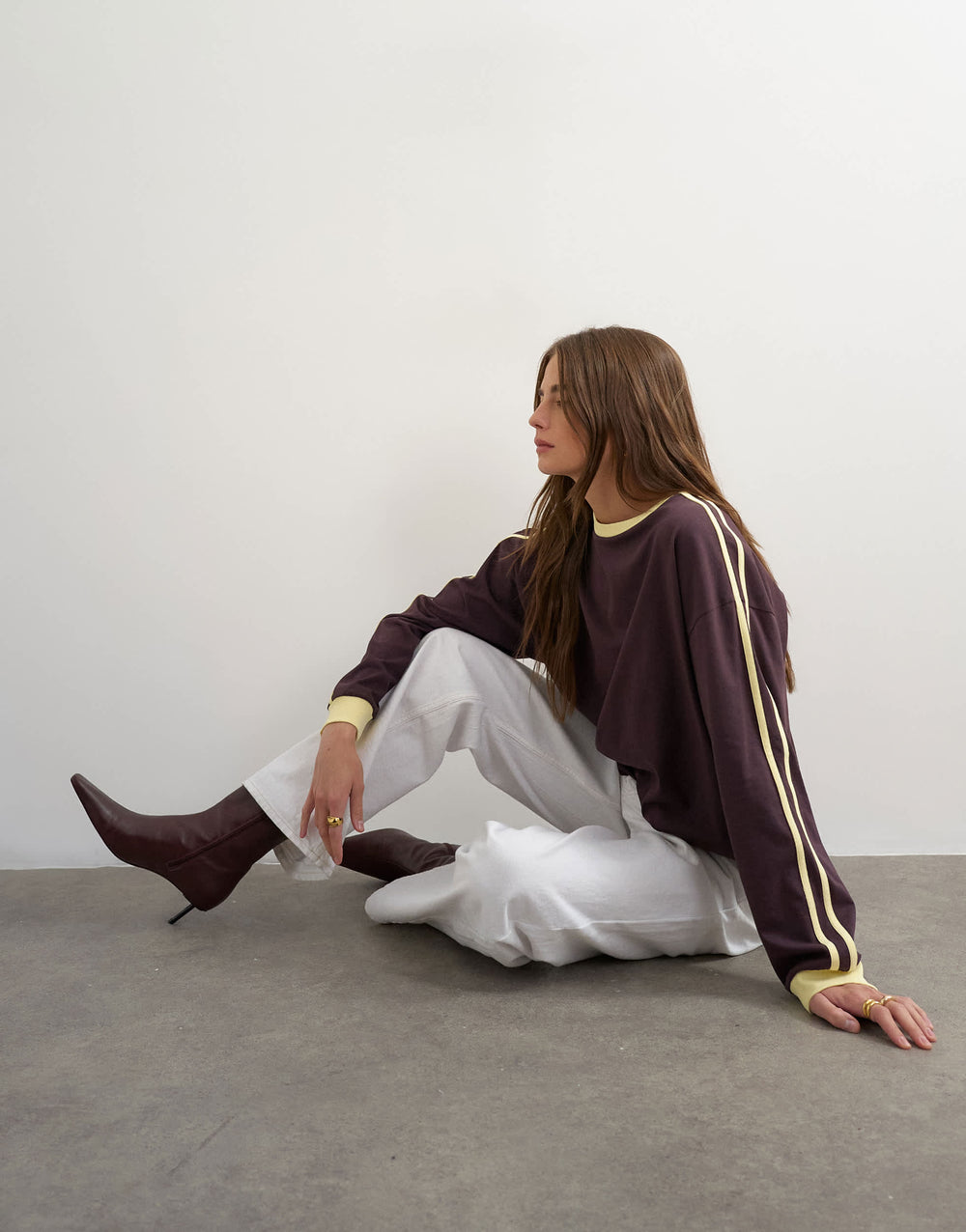 Topshop Langarm-T-Shirt im Skater-Stil mit Streifen-Detail in Schokoladenbraun