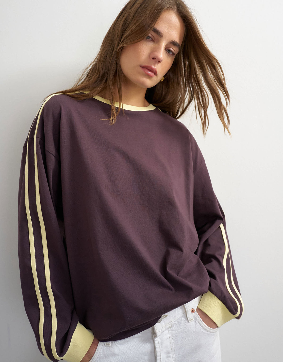 Topshop long sleeve skater stripe detail t-shirt in chocolate
