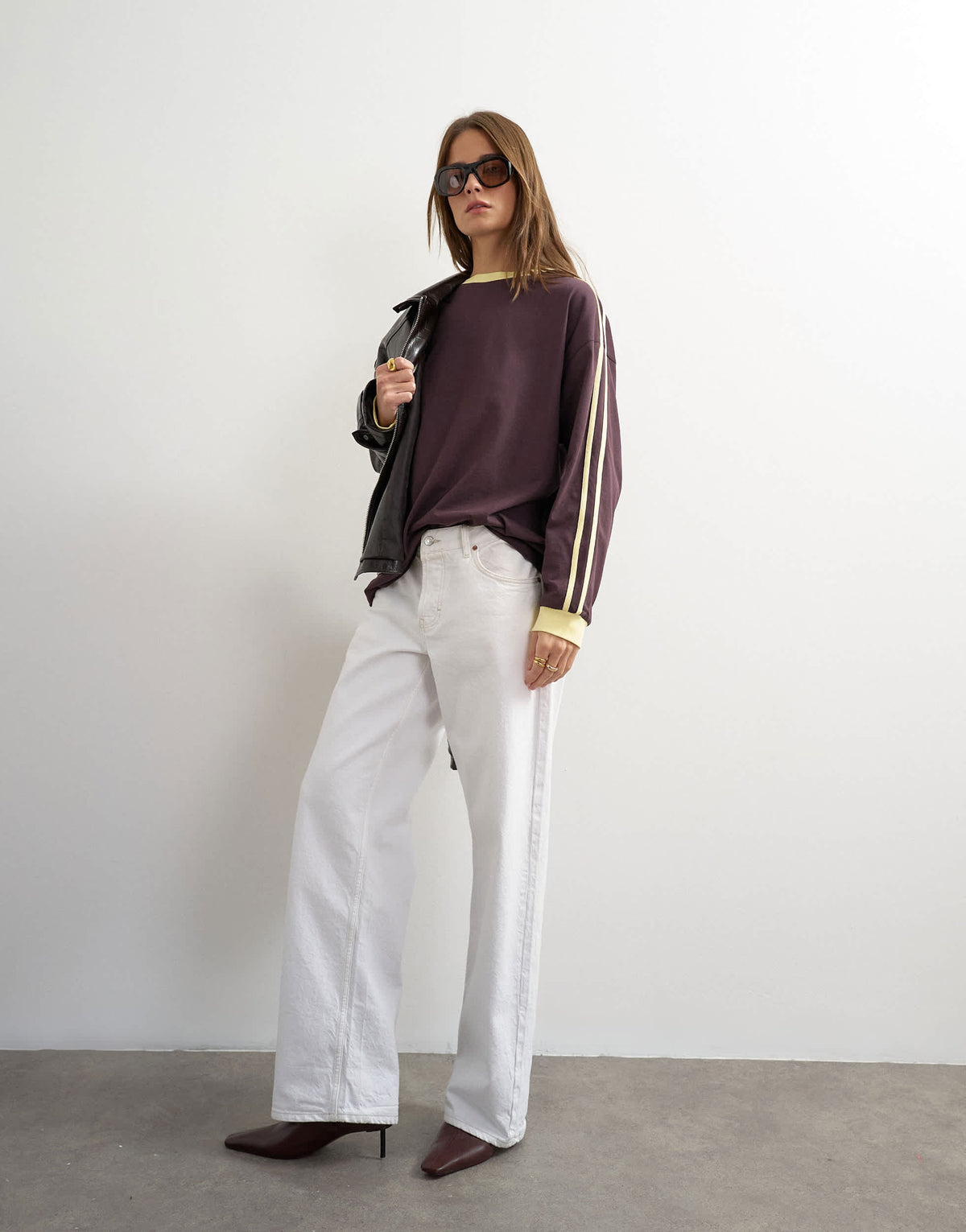 Topshop long sleeve skater stripe detail t-shirt in chocolate