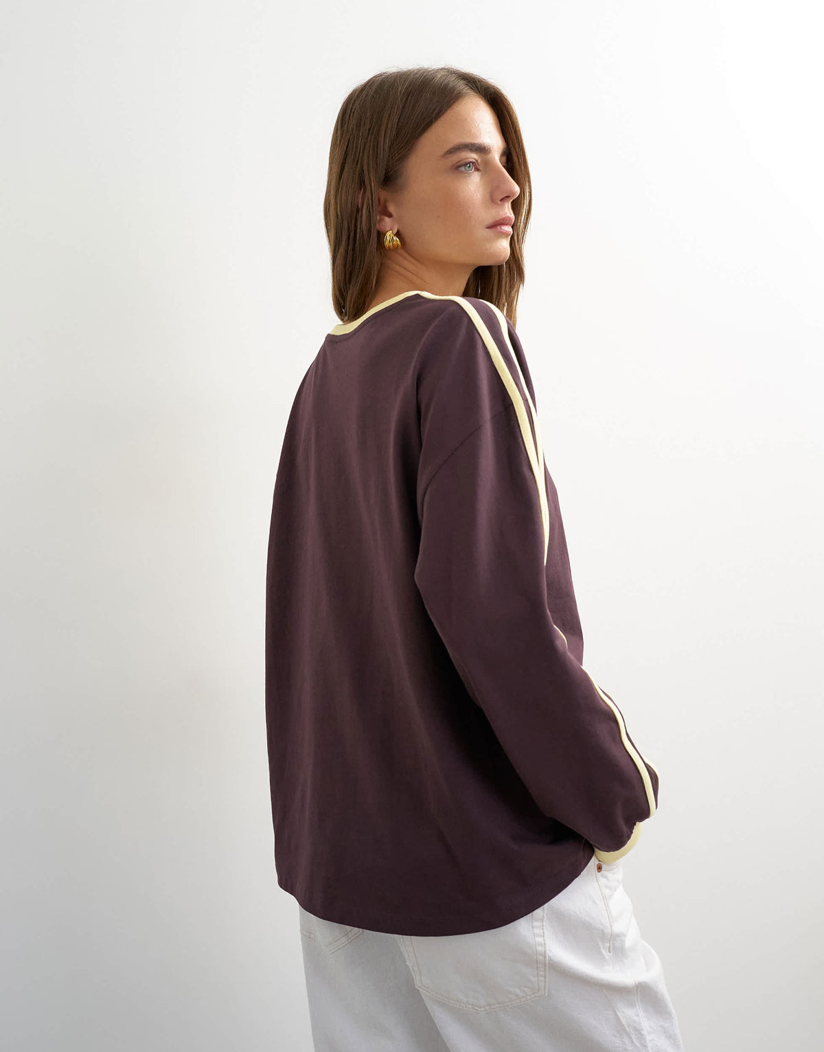Topshop long sleeve skater stripe detail t-shirt in chocolate