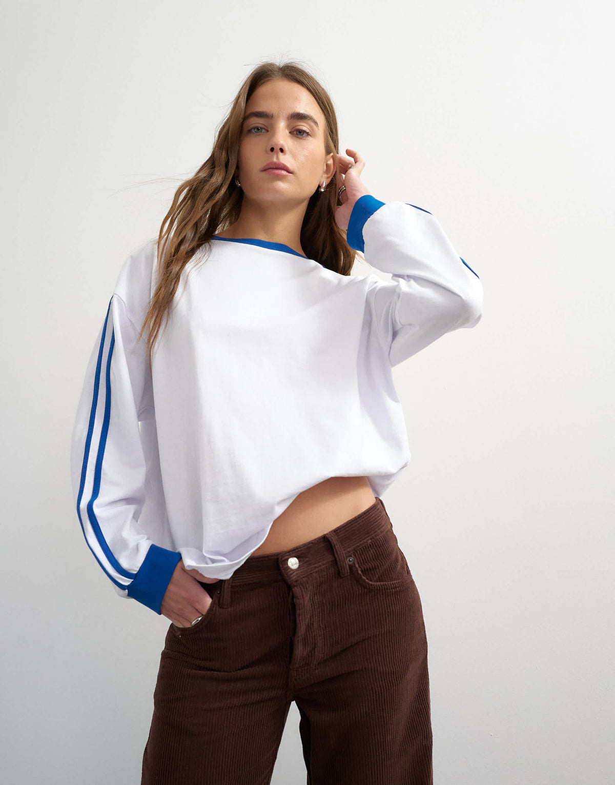 Topshop long sleeve skater stripe detail oversized t-shirt in white
