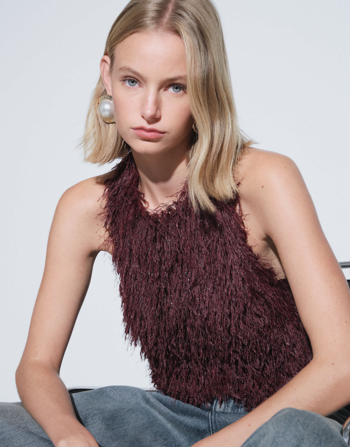 Topshop fringe halterneck top in burgundy