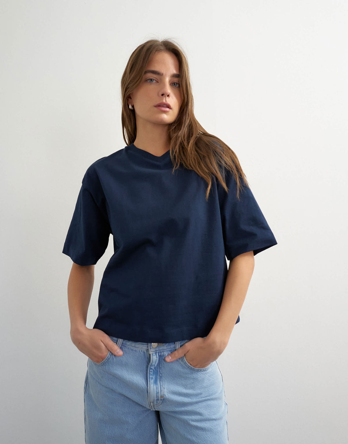 Topshop micro v short sleeve t-shirt in navy