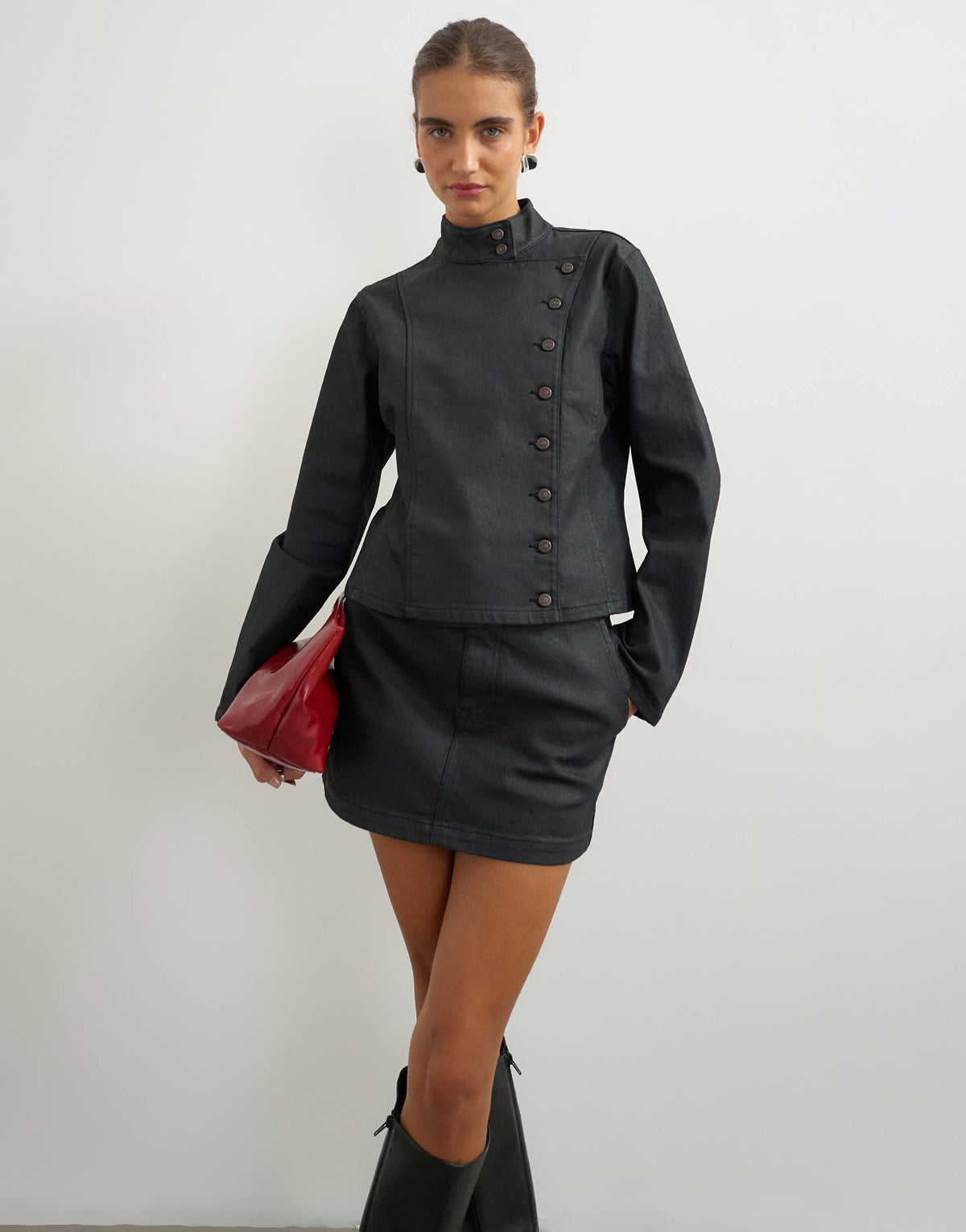 Topshop denim coated fitted jacket in black