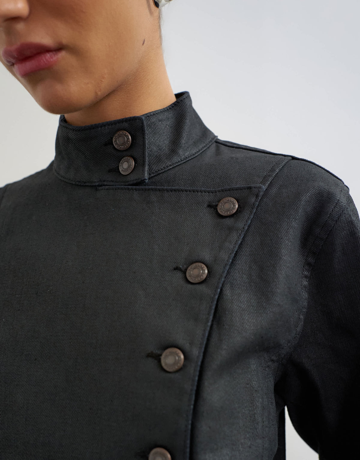 Topshop denim coated fitted jacket in black