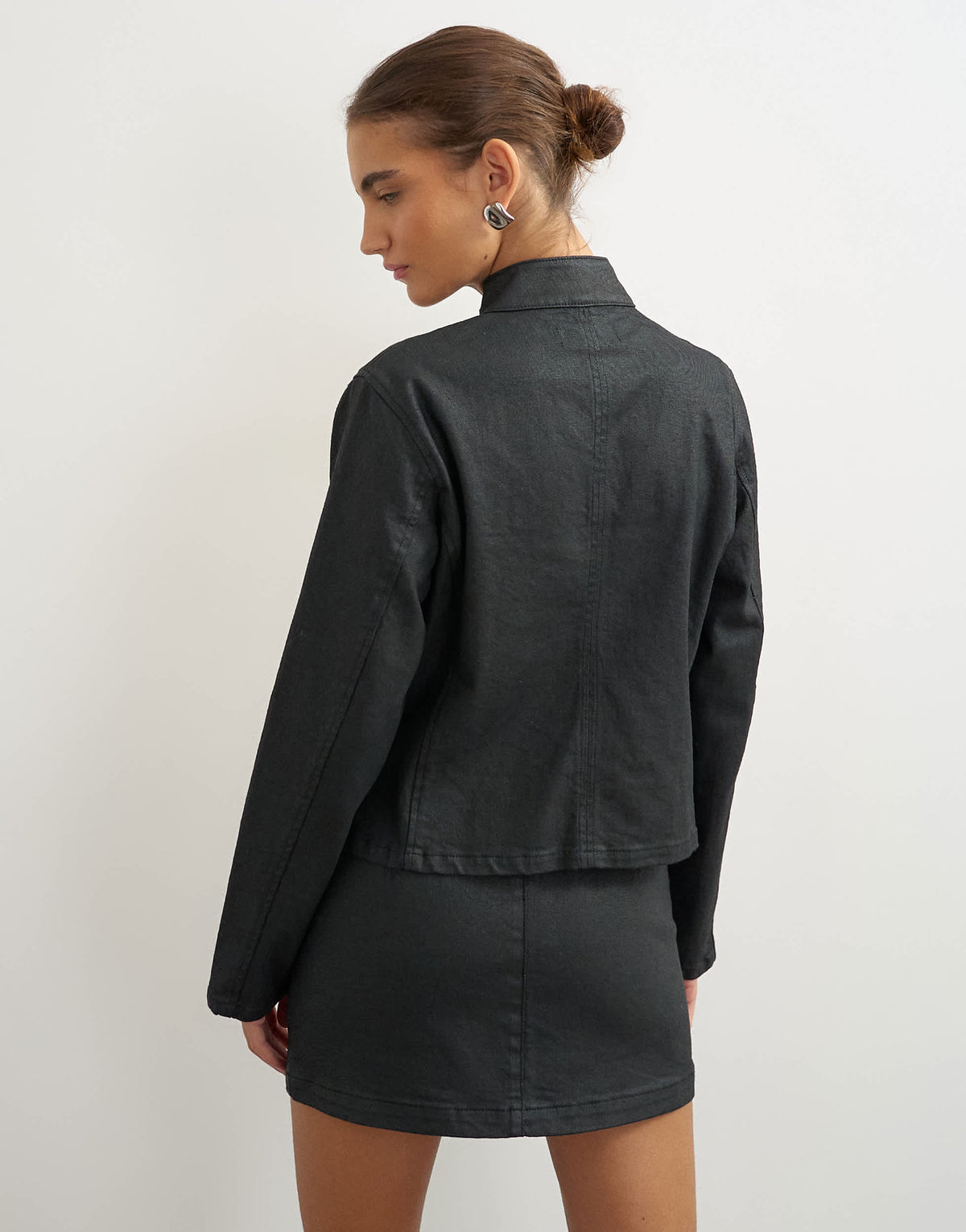 Topshop denim coated fitted jacket in black