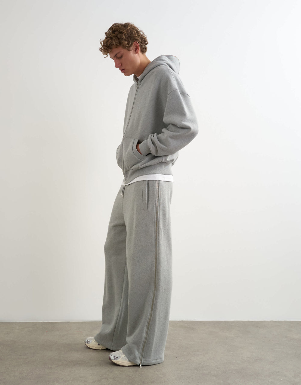 Topman Premium-Jogginghose mit weitem Bein, schwerem Stoff und durchgehendem Seitenreißverschluss in Grau meliert