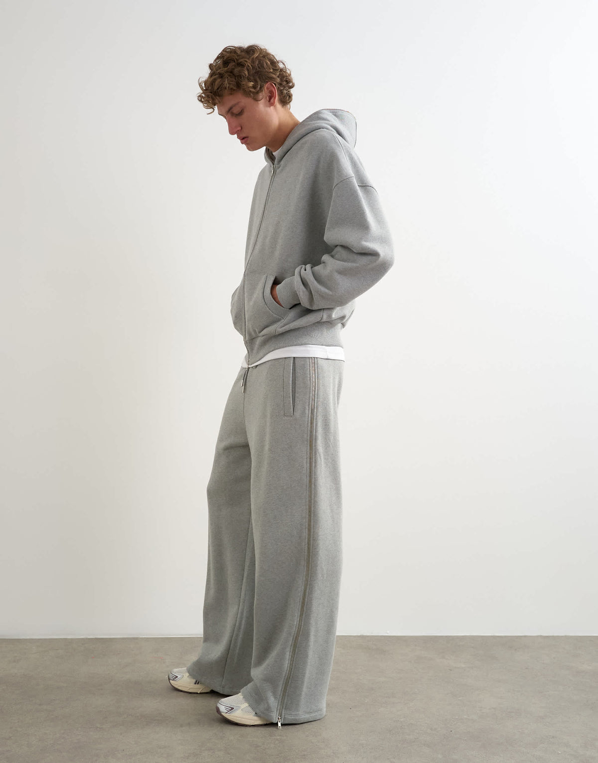 Topman premium wide leg heavyweight full side zip jogger in grey marl