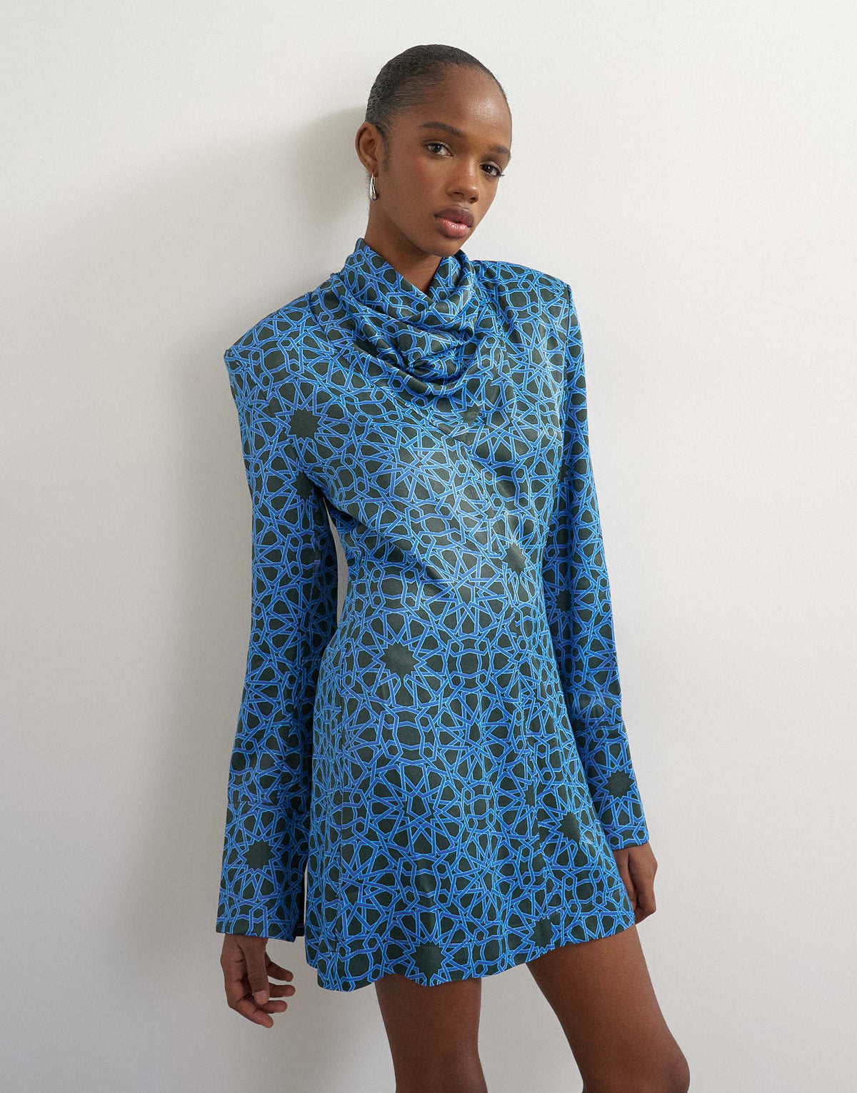Topshop premium satin collapsed funnel shoulder pad mini dress in blue geo print