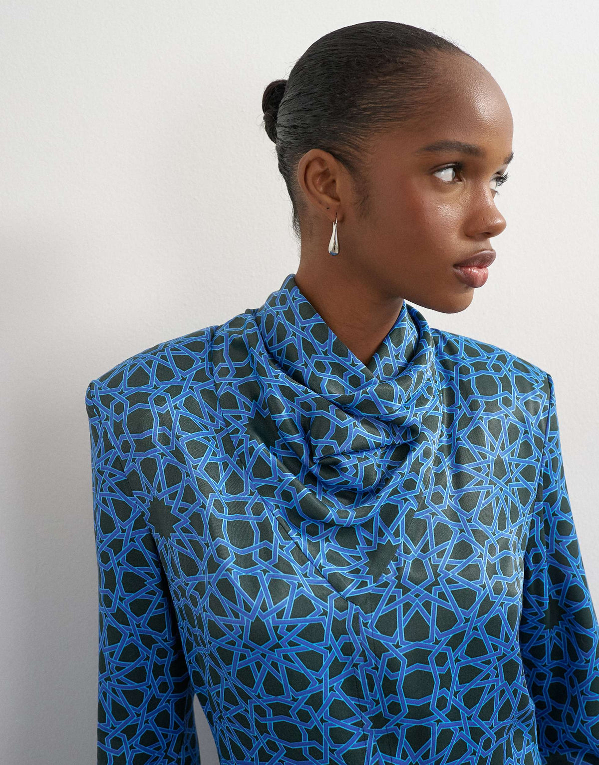 Topshop premium satin collapsed funnel shoulder pad mini dress in blue geo print