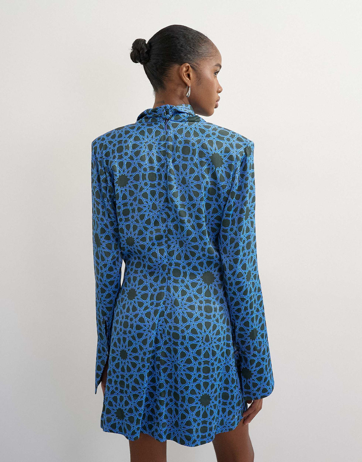Topshop premium satin collapsed funnel shoulder pad mini dress in blue geo print