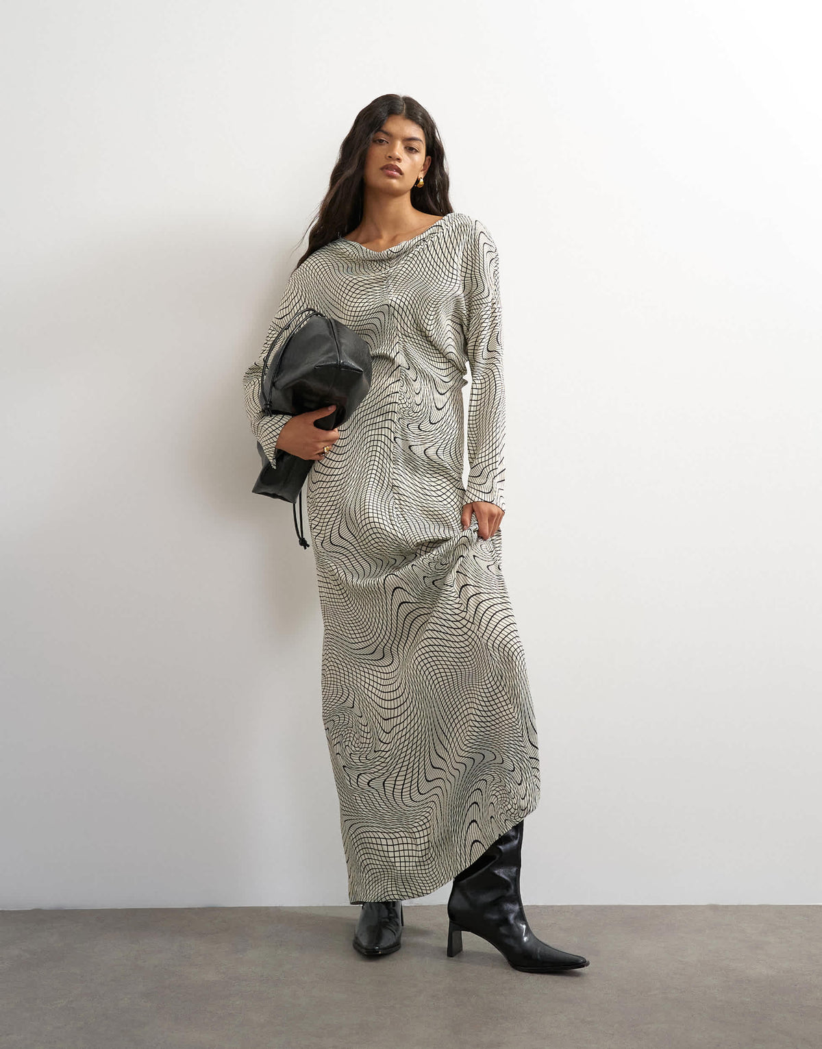 Topshop satin wide collapsed neck blouson maxi dress in mono wavy print