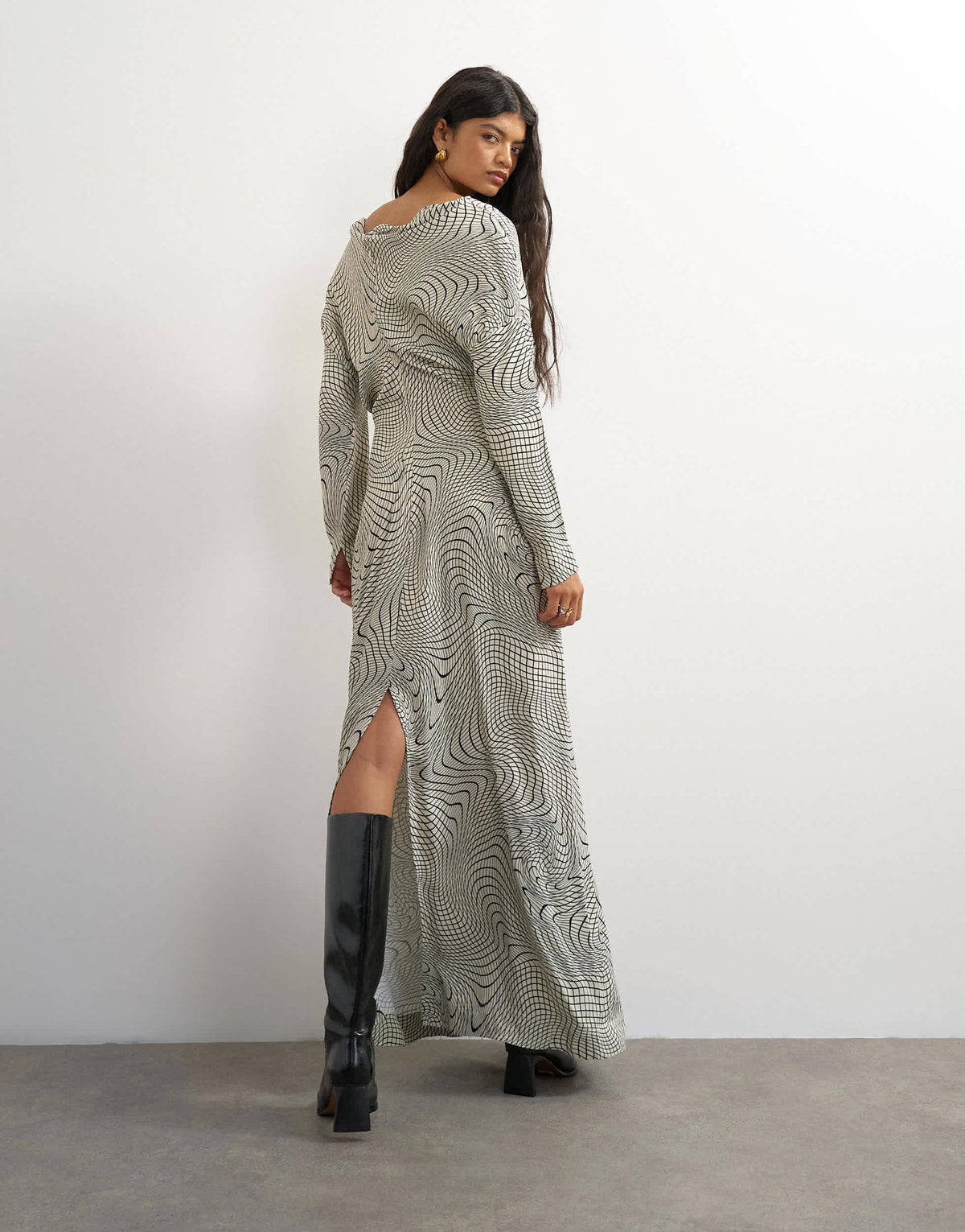 Topshop satin wide collapsed neck blouson maxi dress in mono wavy print