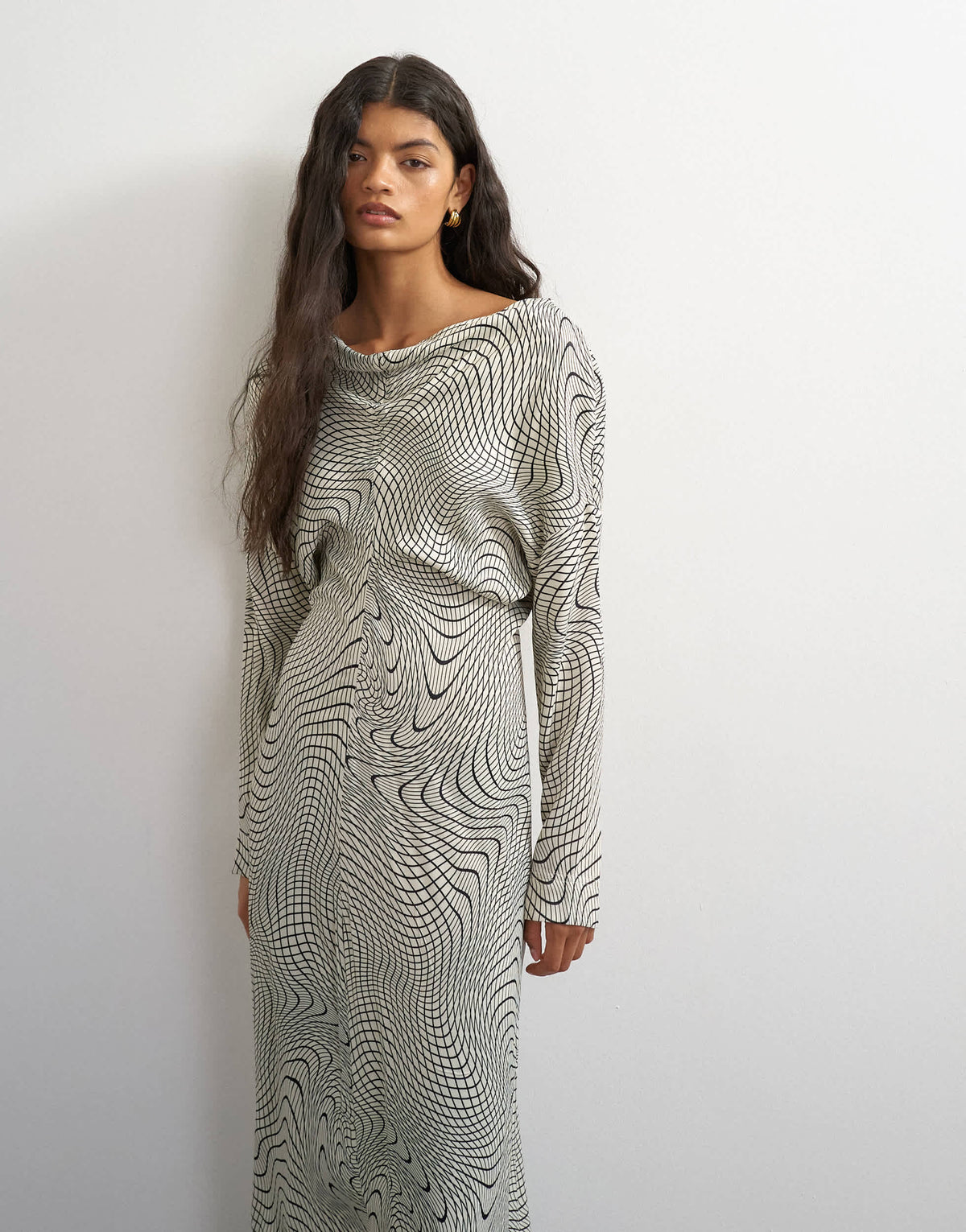 Topshop satin wide collapsed neck blouson maxi dress in mono wavy print