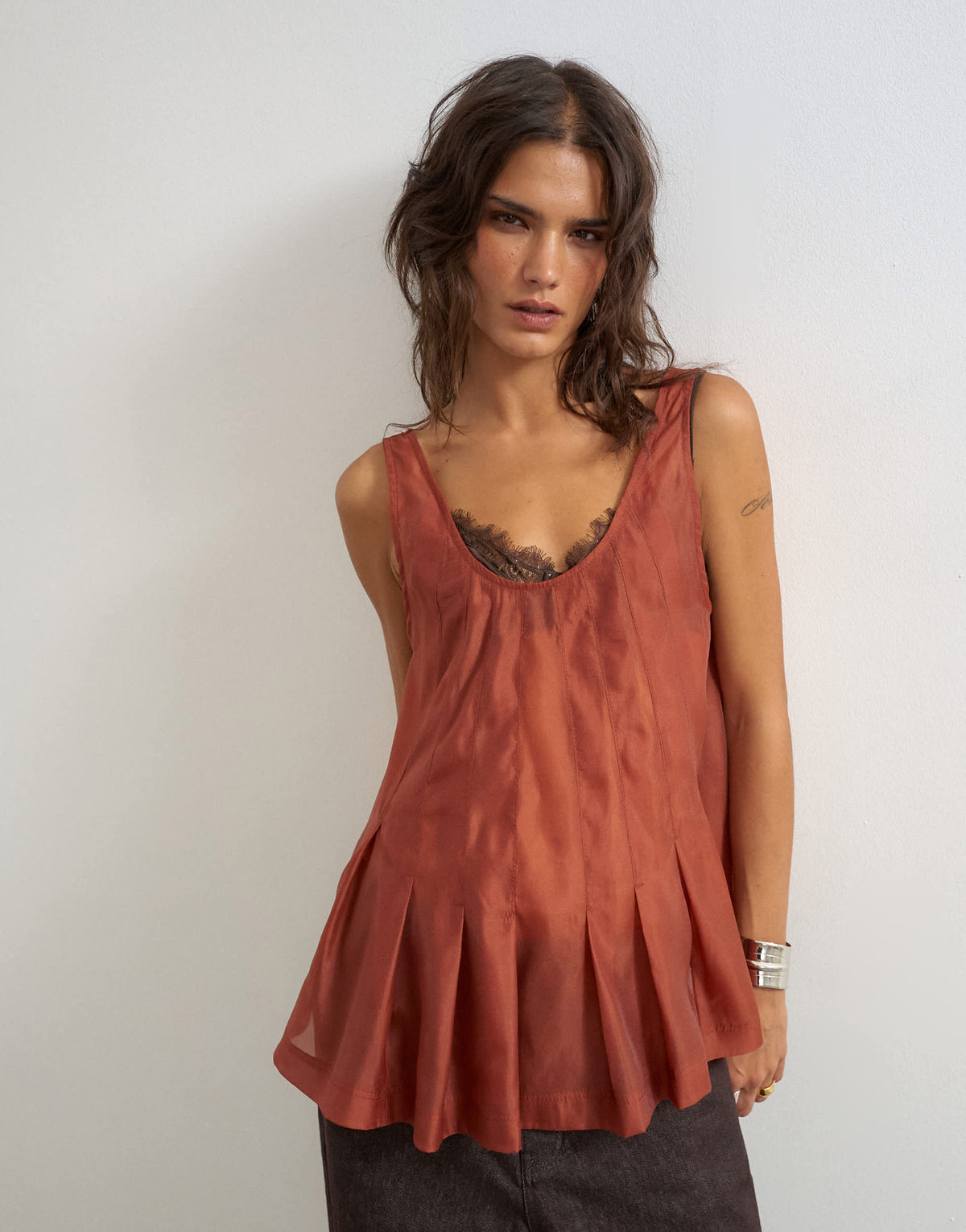 Topshop organza sheer sleeveless pintuck cami in rust