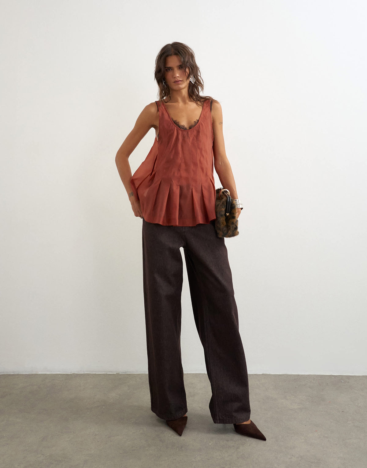 Topshop organza sheer sleeveless pintuck cami in rust