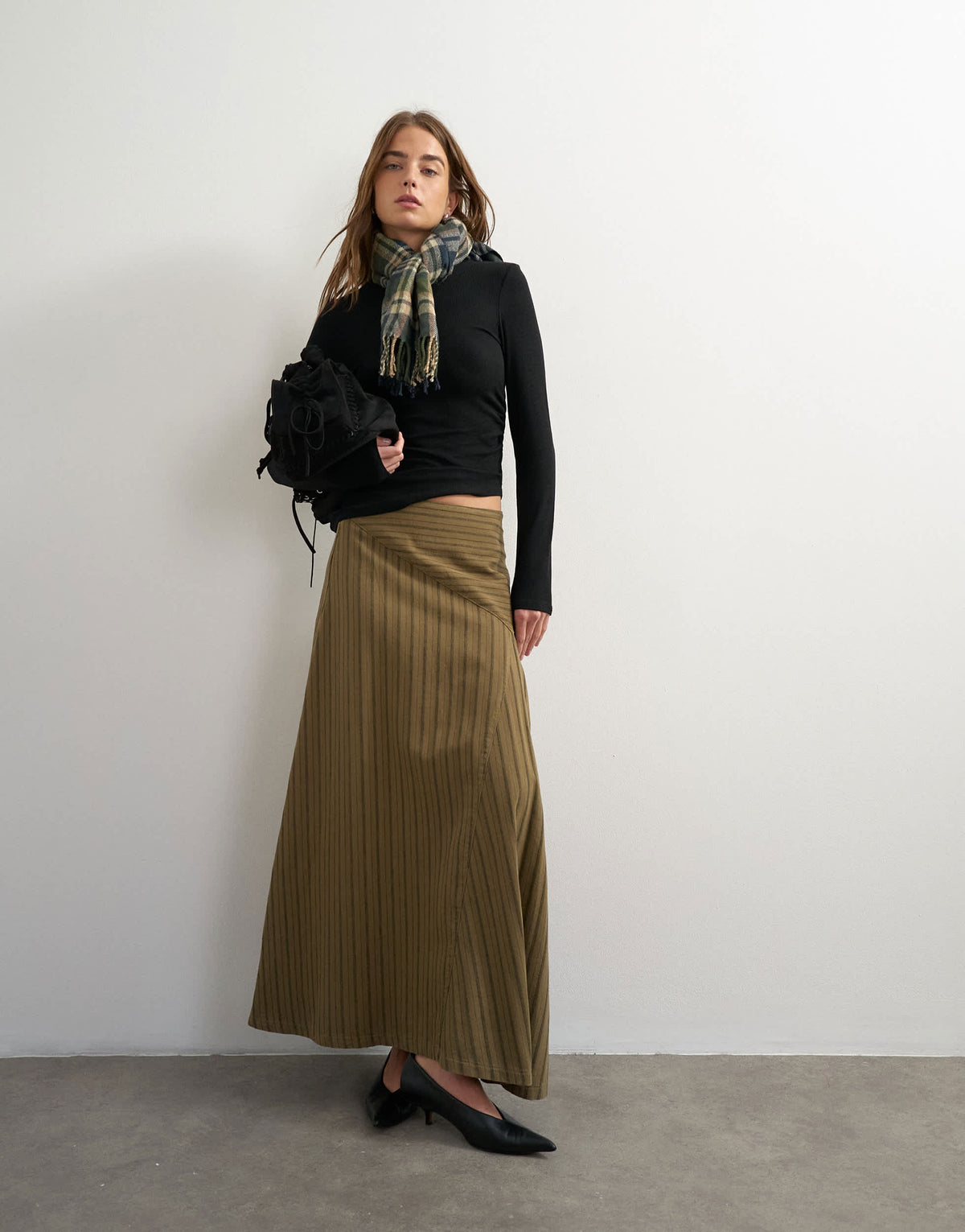Topshop Asymmeric striped skirt in deep olive